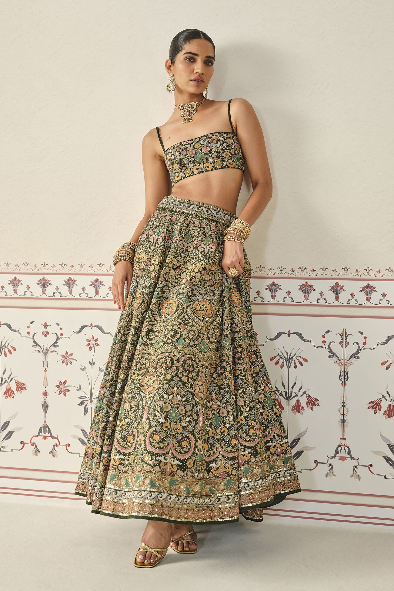 Yiska Embroidered Silk Lehenga Set - Green