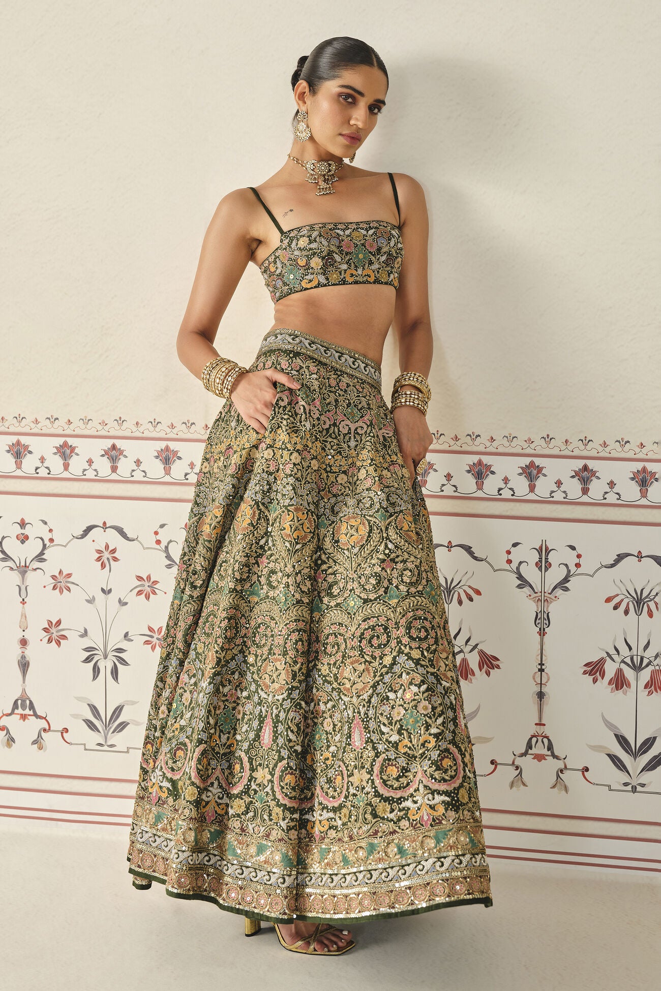 Yiska Embroidered Silk Lehenga Set - Green