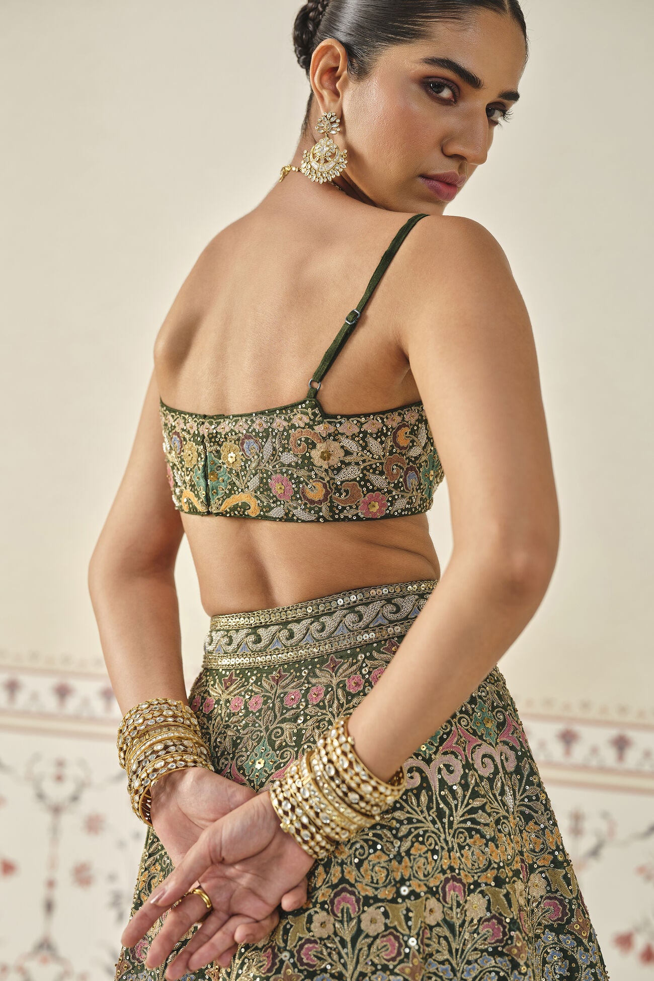 Yiska Embroidered Silk Lehenga Set - Green