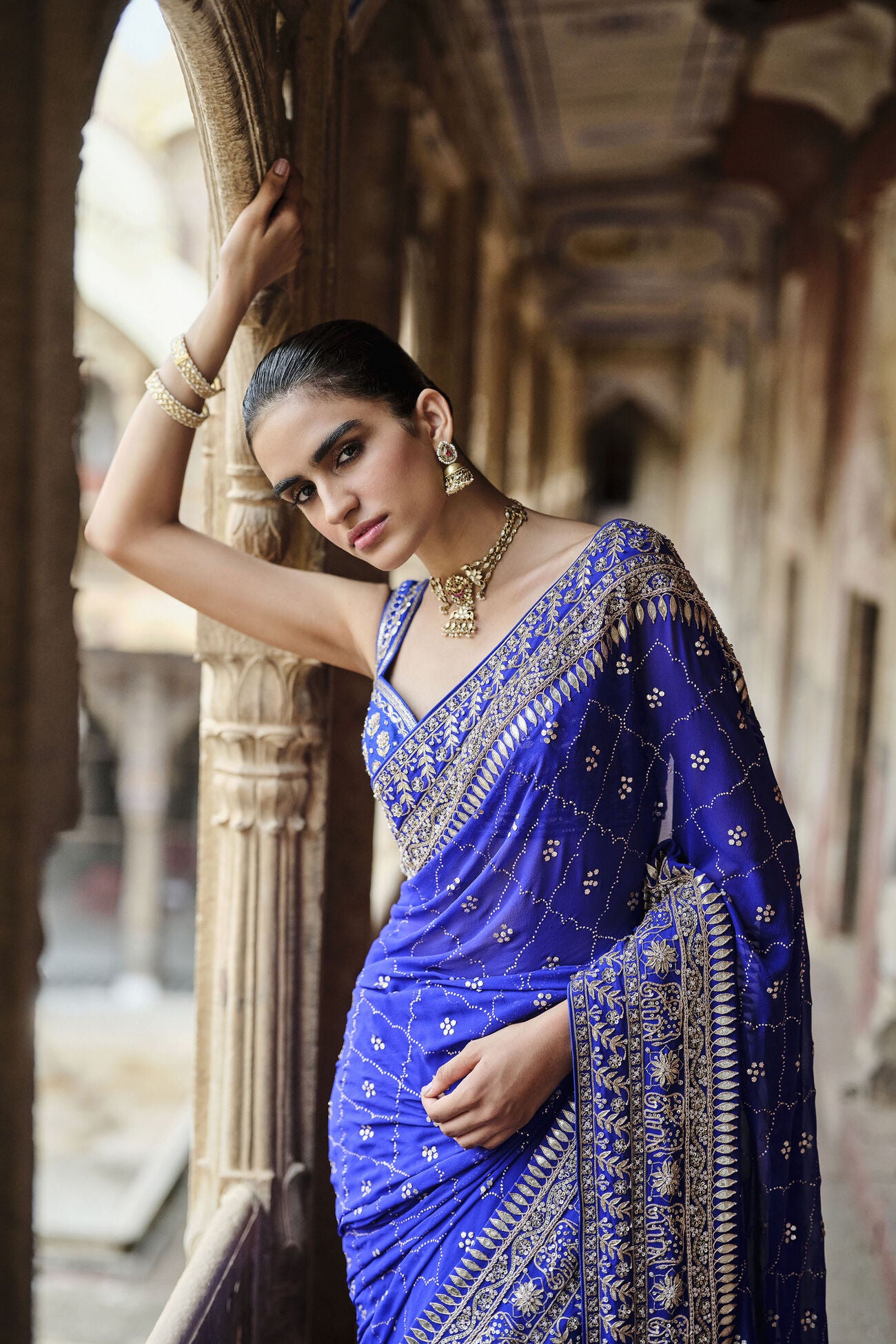 Anushna Handcrafted Badla Georgette Saree - Blue