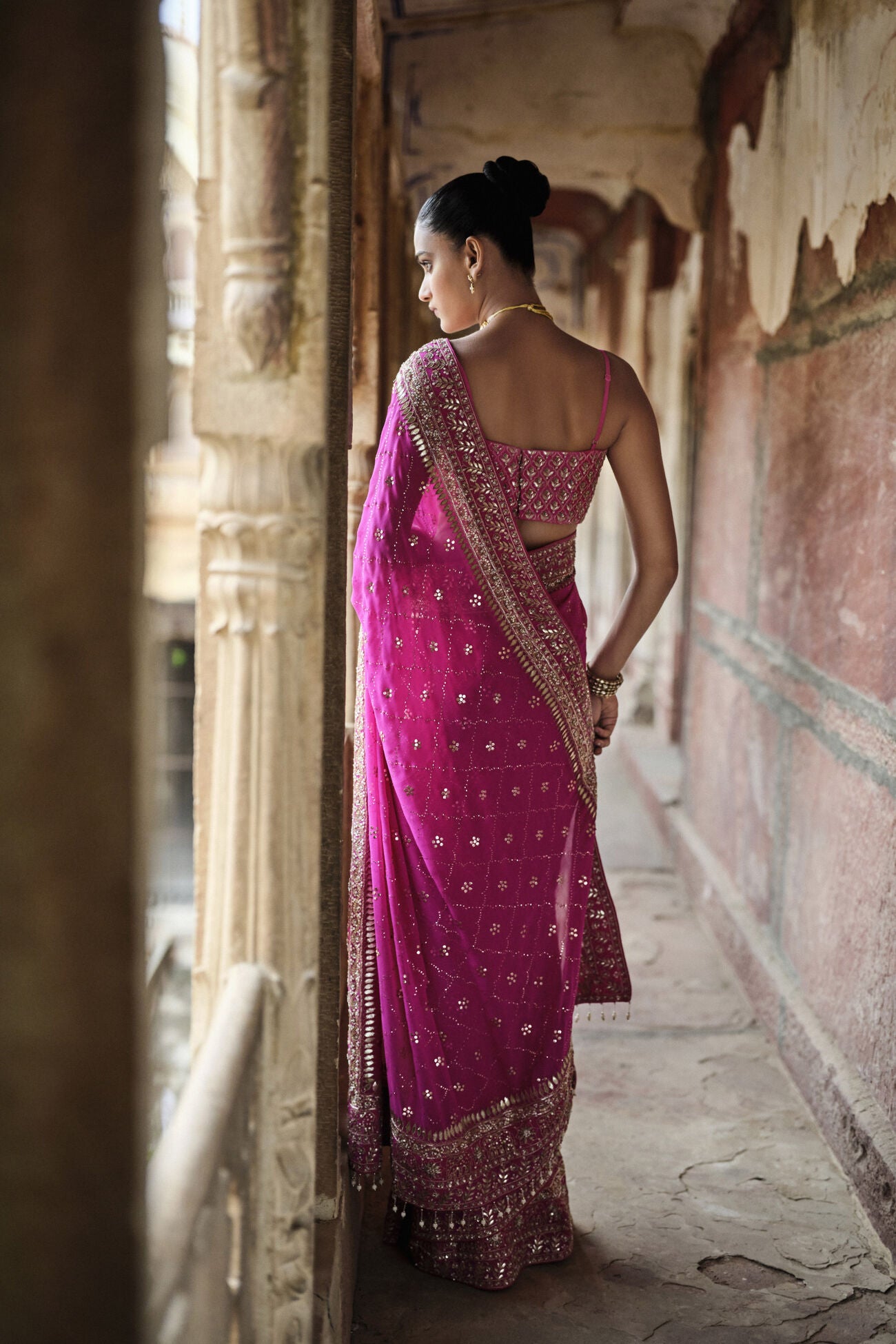 Anushna Handcrafted Badla Georgette Saree - Hot Pink