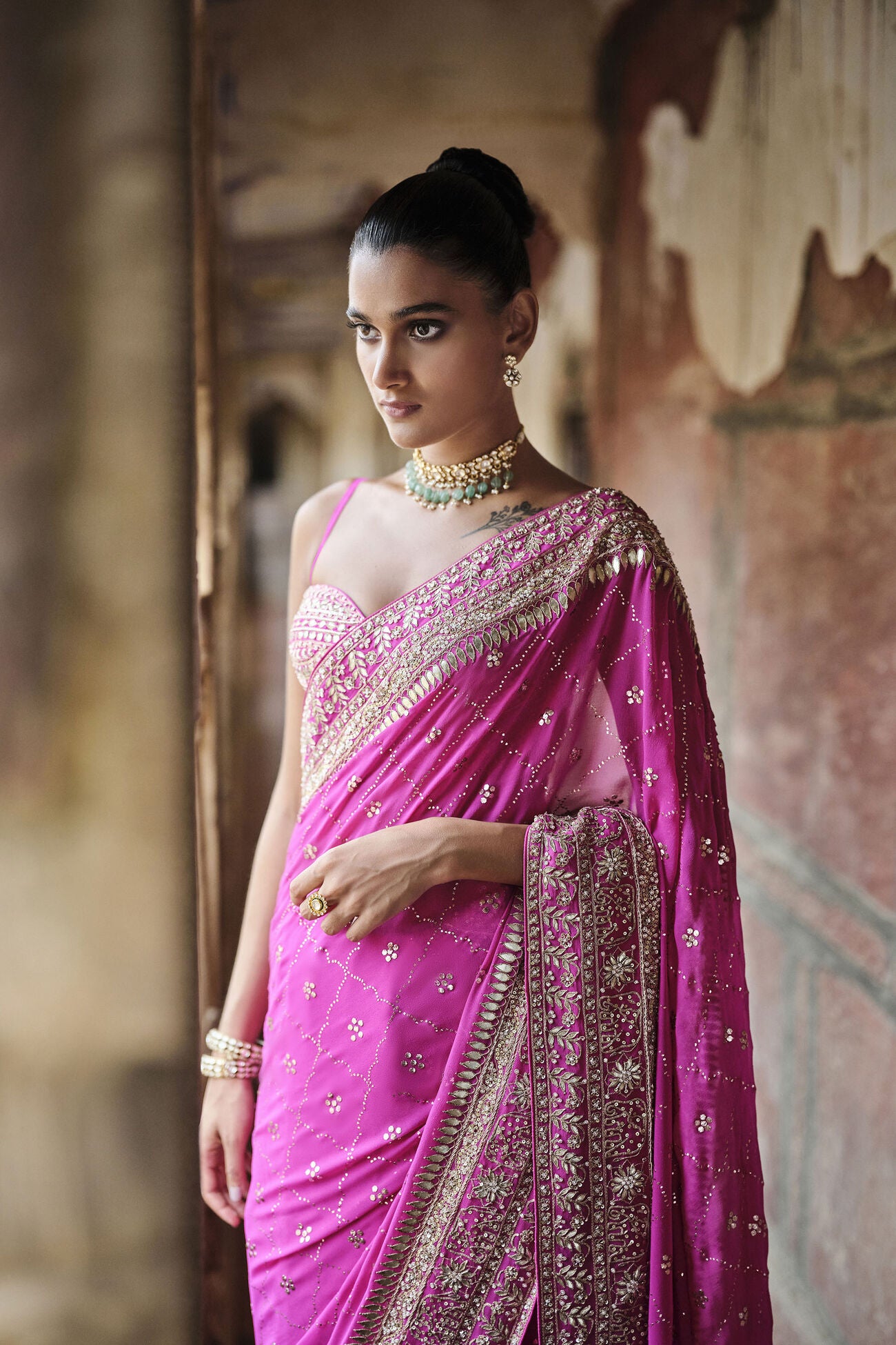 Anushna Handcrafted Badla Georgette Saree - Hot Pink