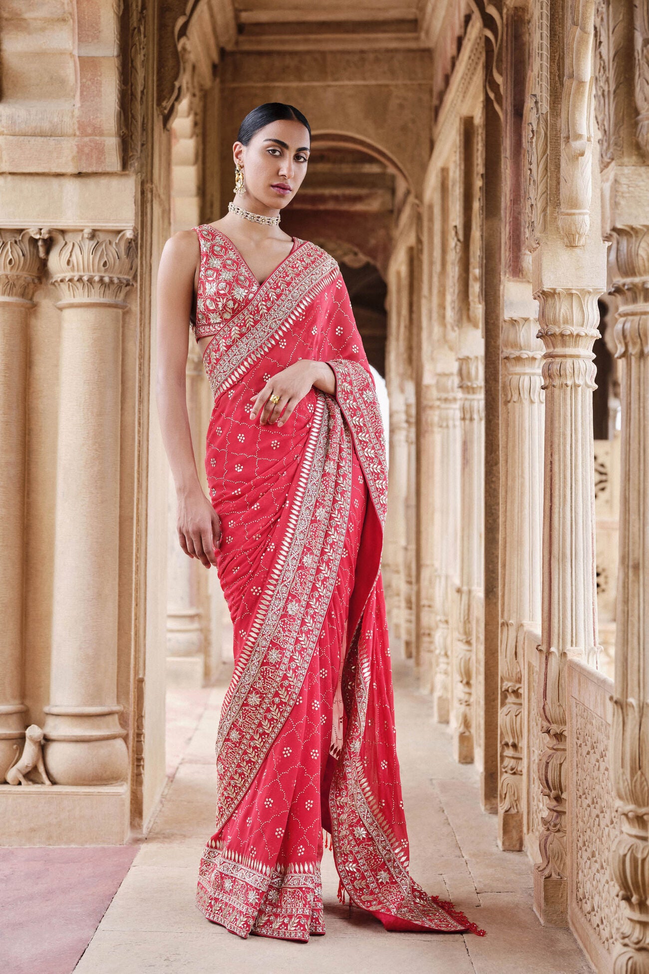 Anushna Handcrafted Badla Georgette Saree - Red