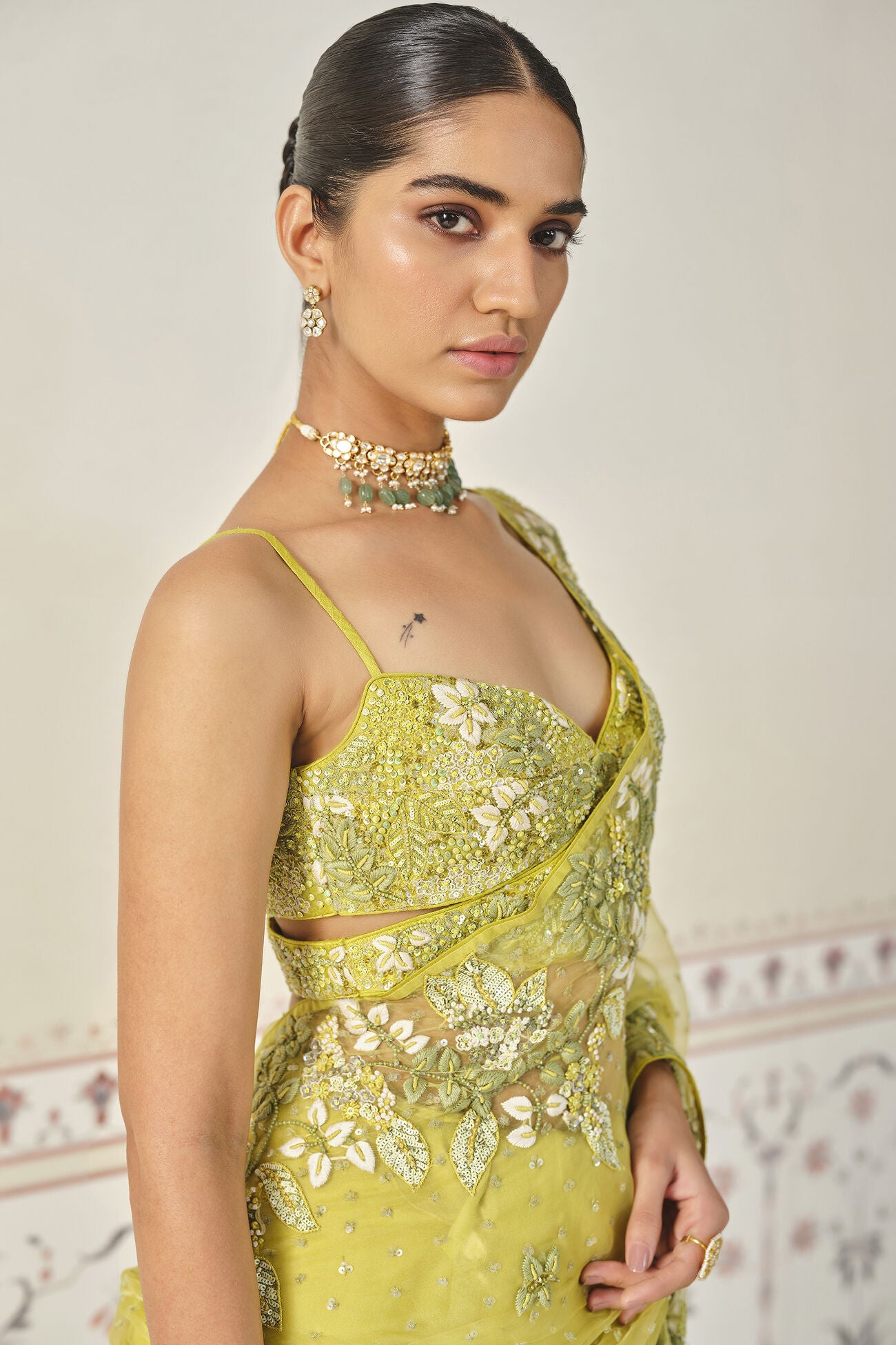 Mrigakshi Embroidered Saree Set - Lime