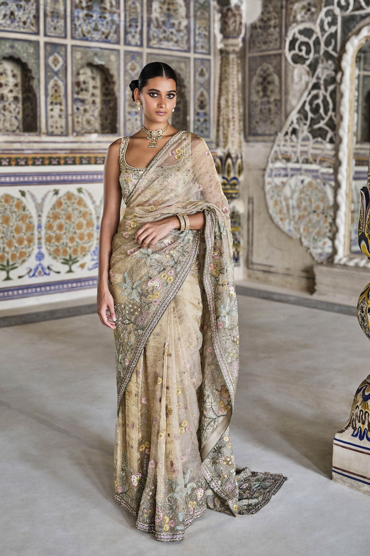 Suramya Embroidered Zardozi Silk Saree - Gold