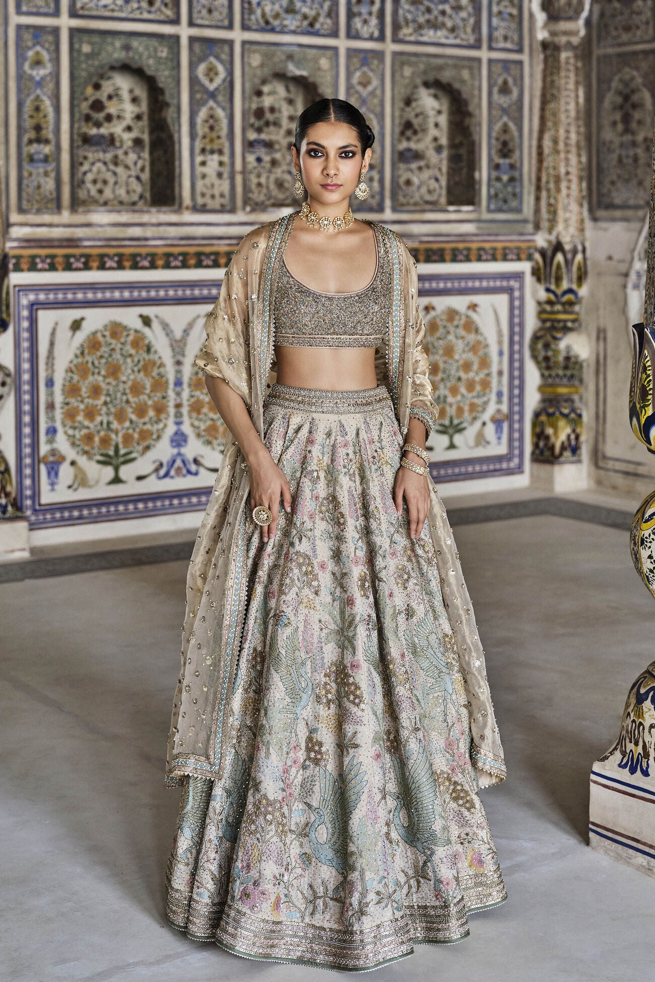 Suramya Embroidered Zardozi Silk Lehenga Set - Gold