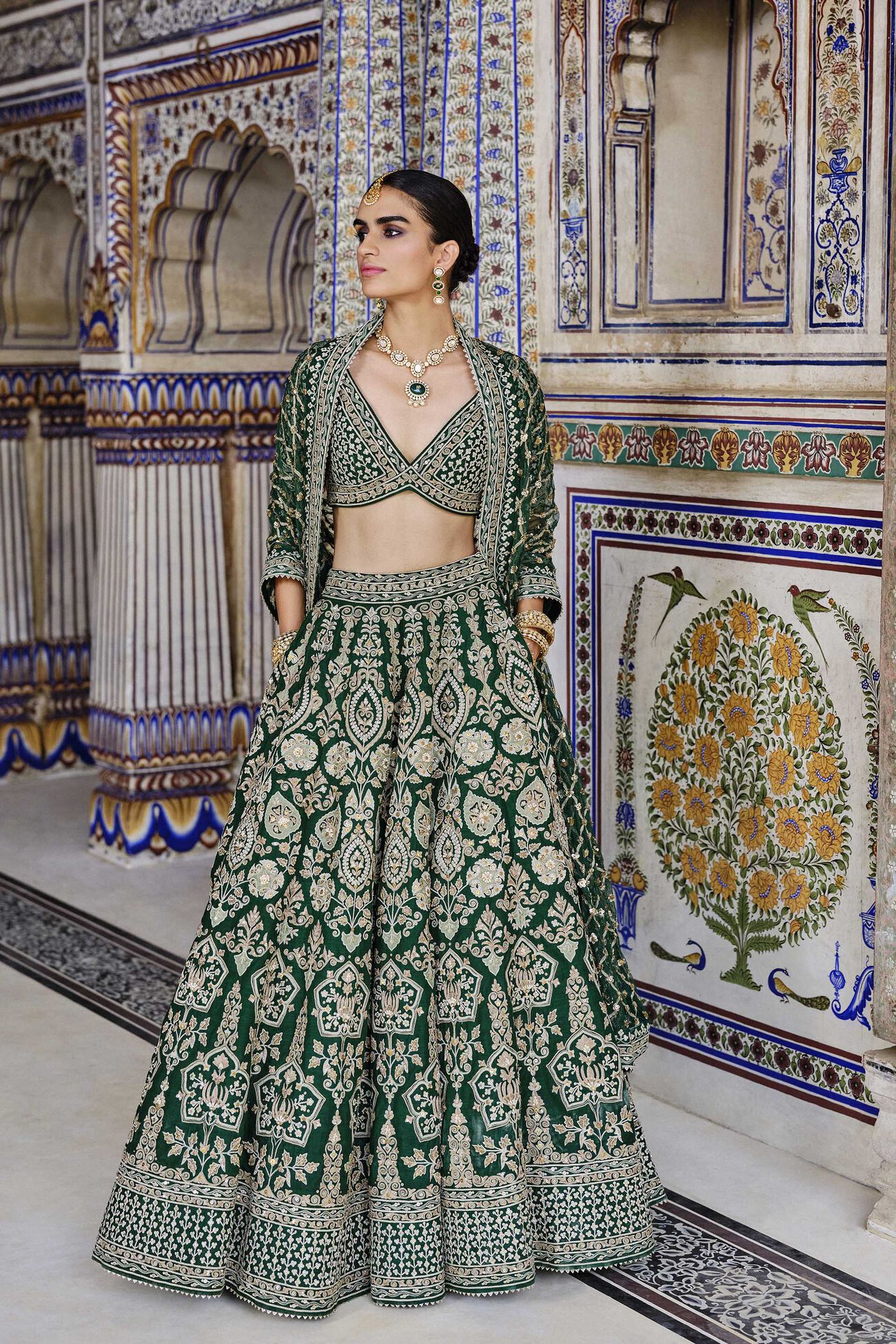 Sylvan Embroidered Zardozi Silk Lehenga Set - Green