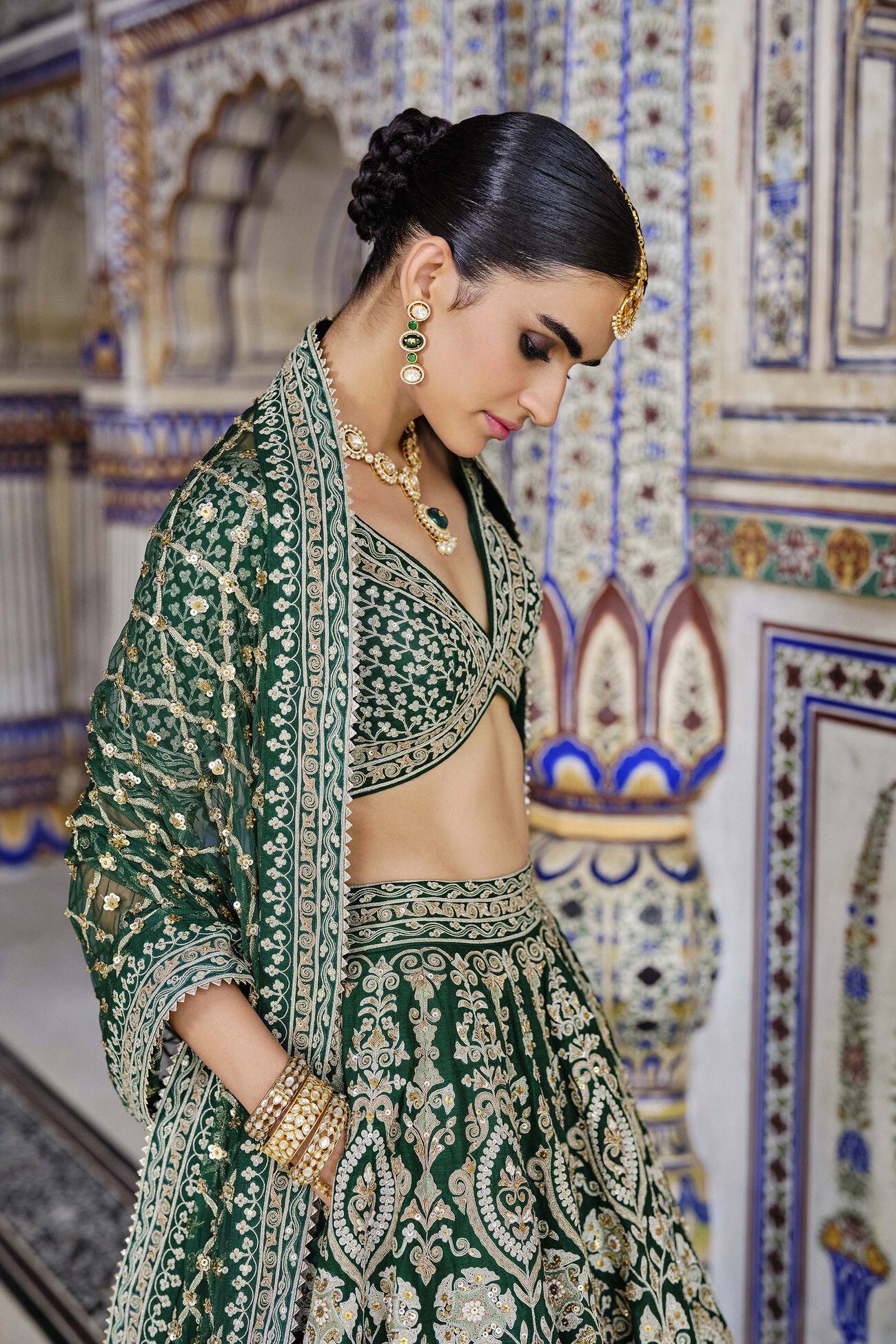 Sylvan Embroidered Zardozi Silk Lehenga Set - Green