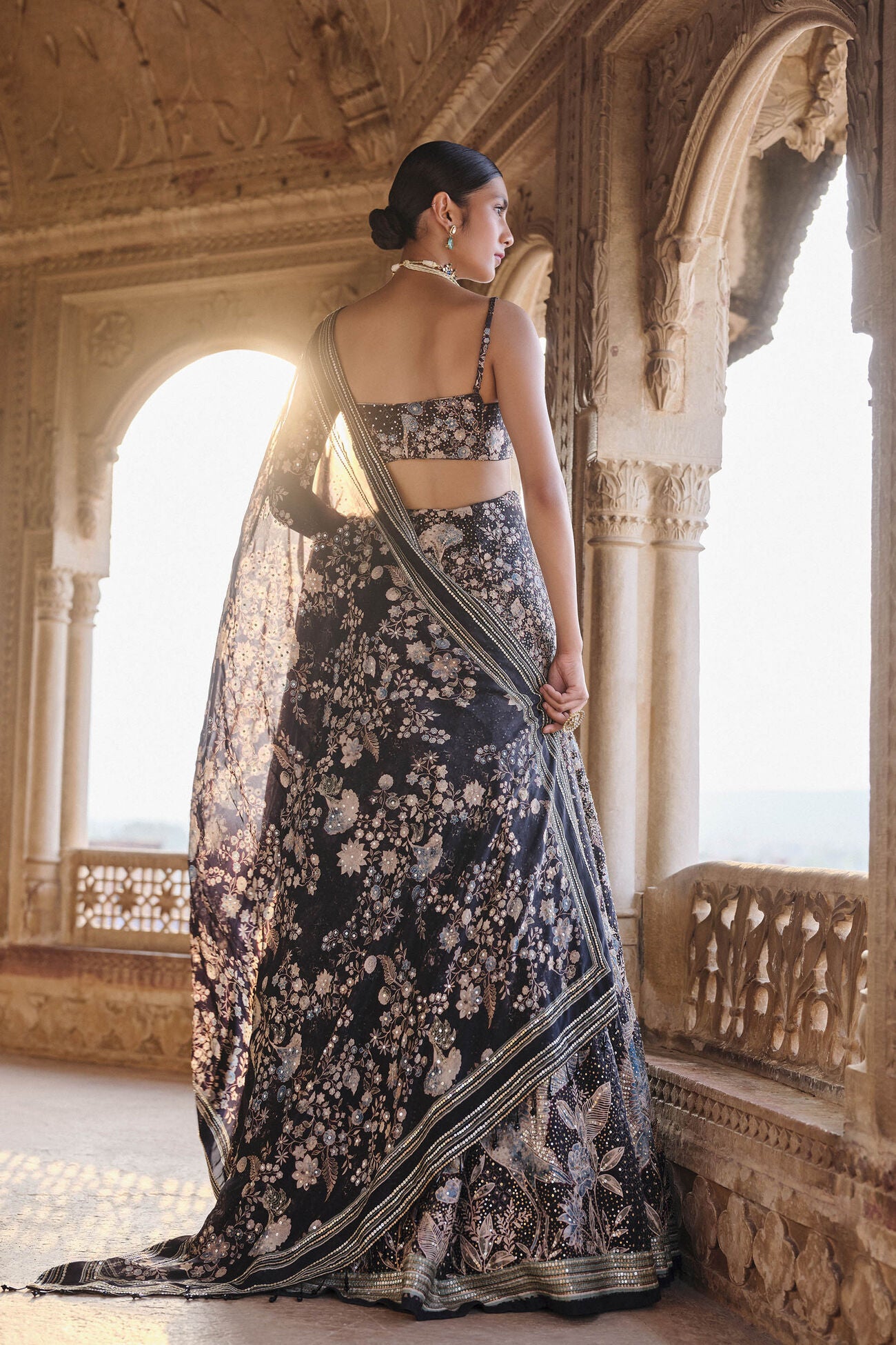 Izar Printed Sequin Lehenga Set - Black