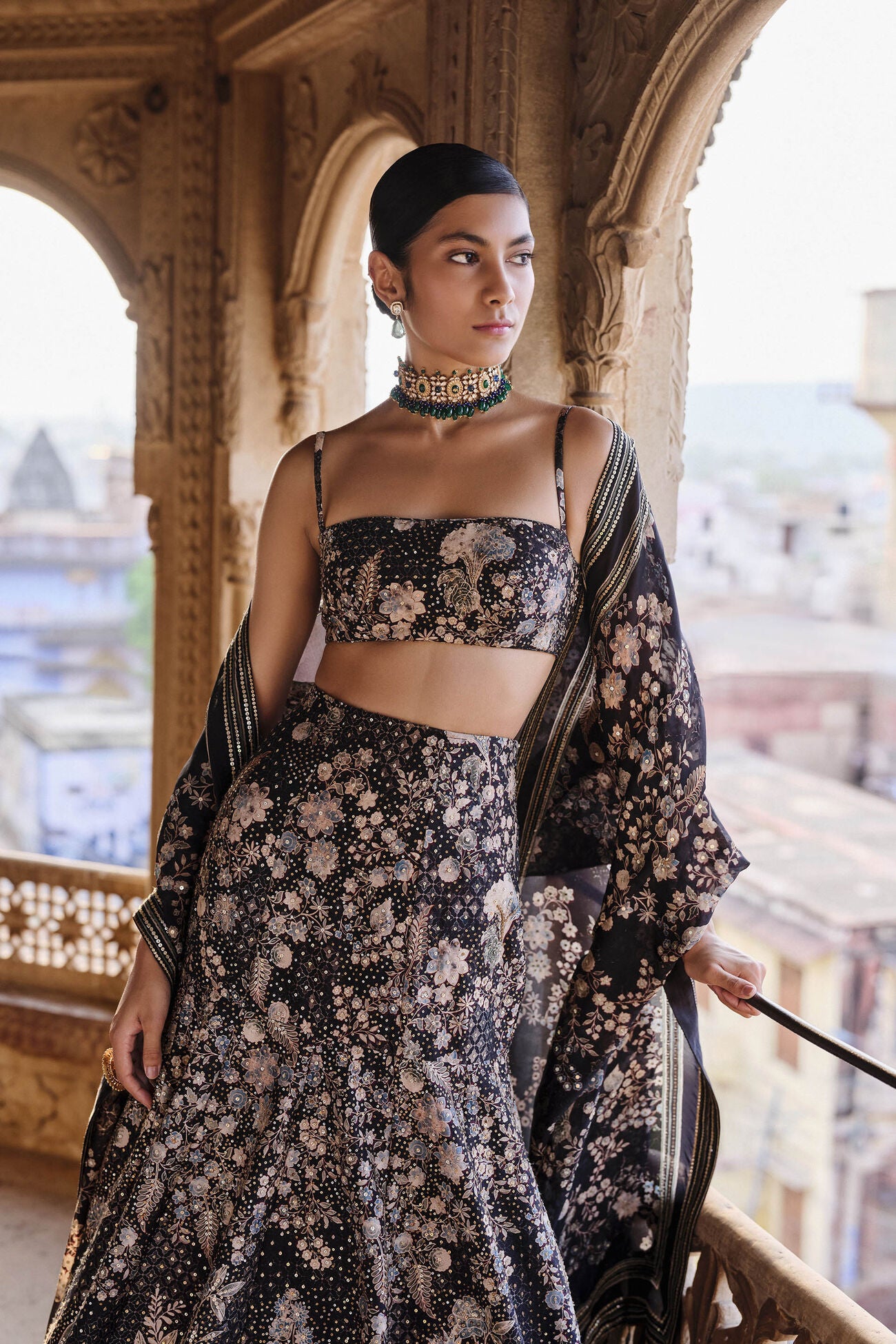 Izar Printed Sequin Lehenga Set - Black