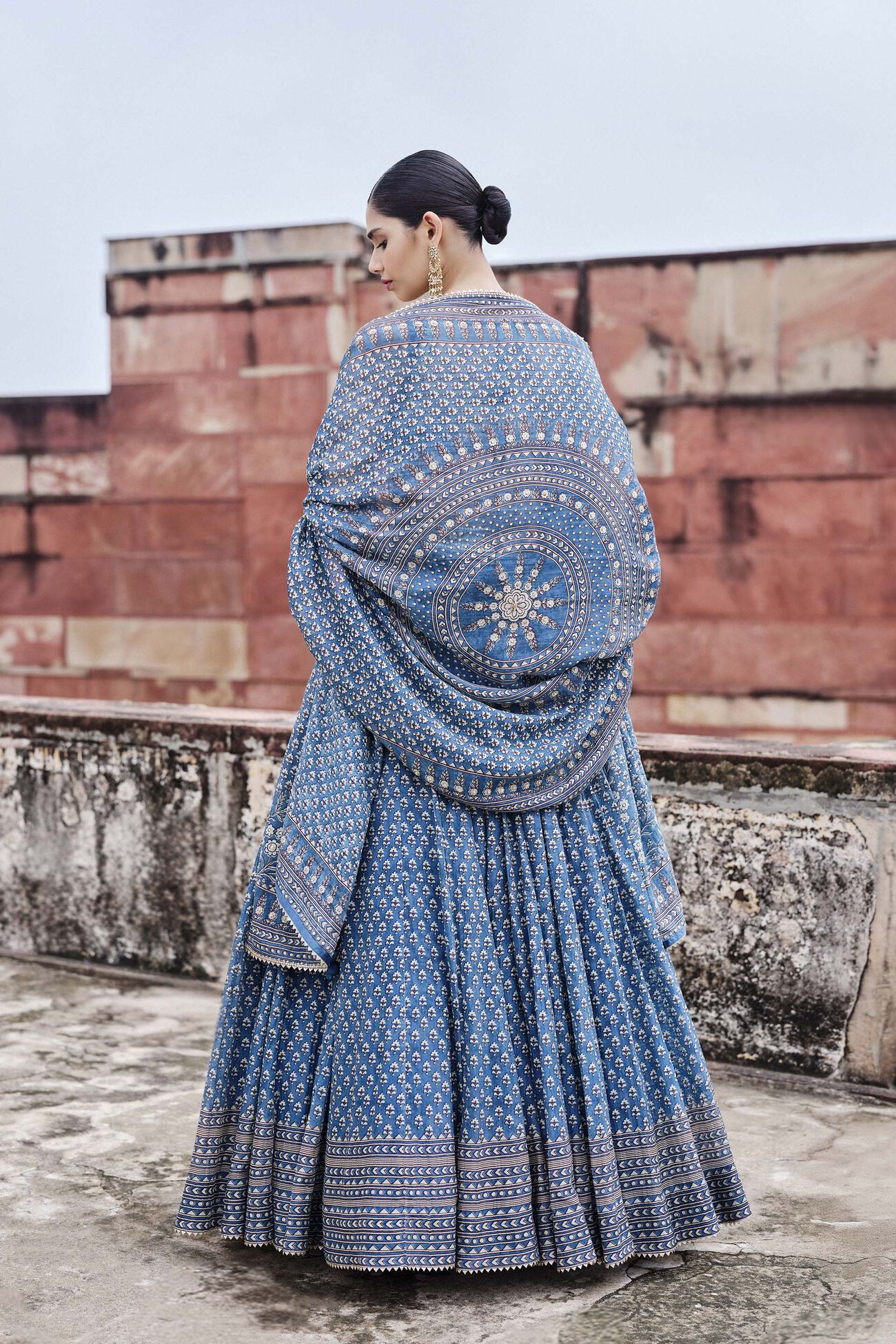 Abjini Printed Mul Lehenga Set - Blue