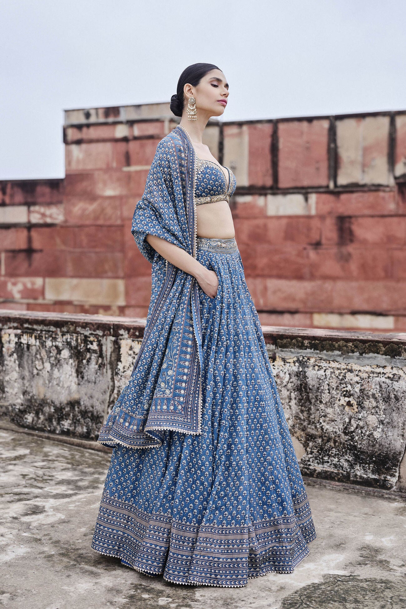 Abjini Printed Mul Lehenga Set - Blue