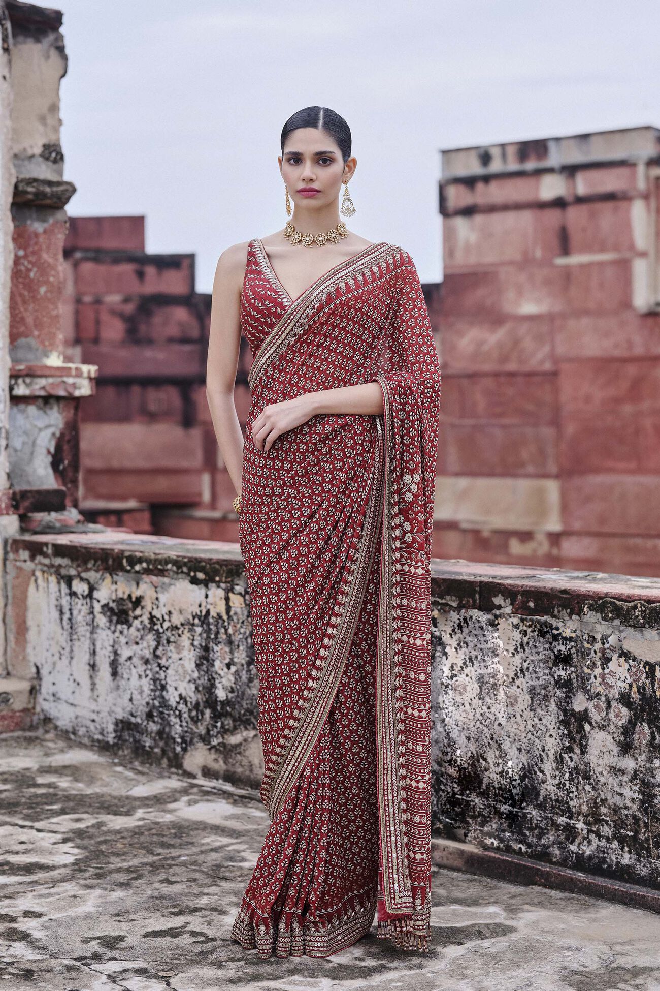 Arvia Printed Georgette Saree - Red