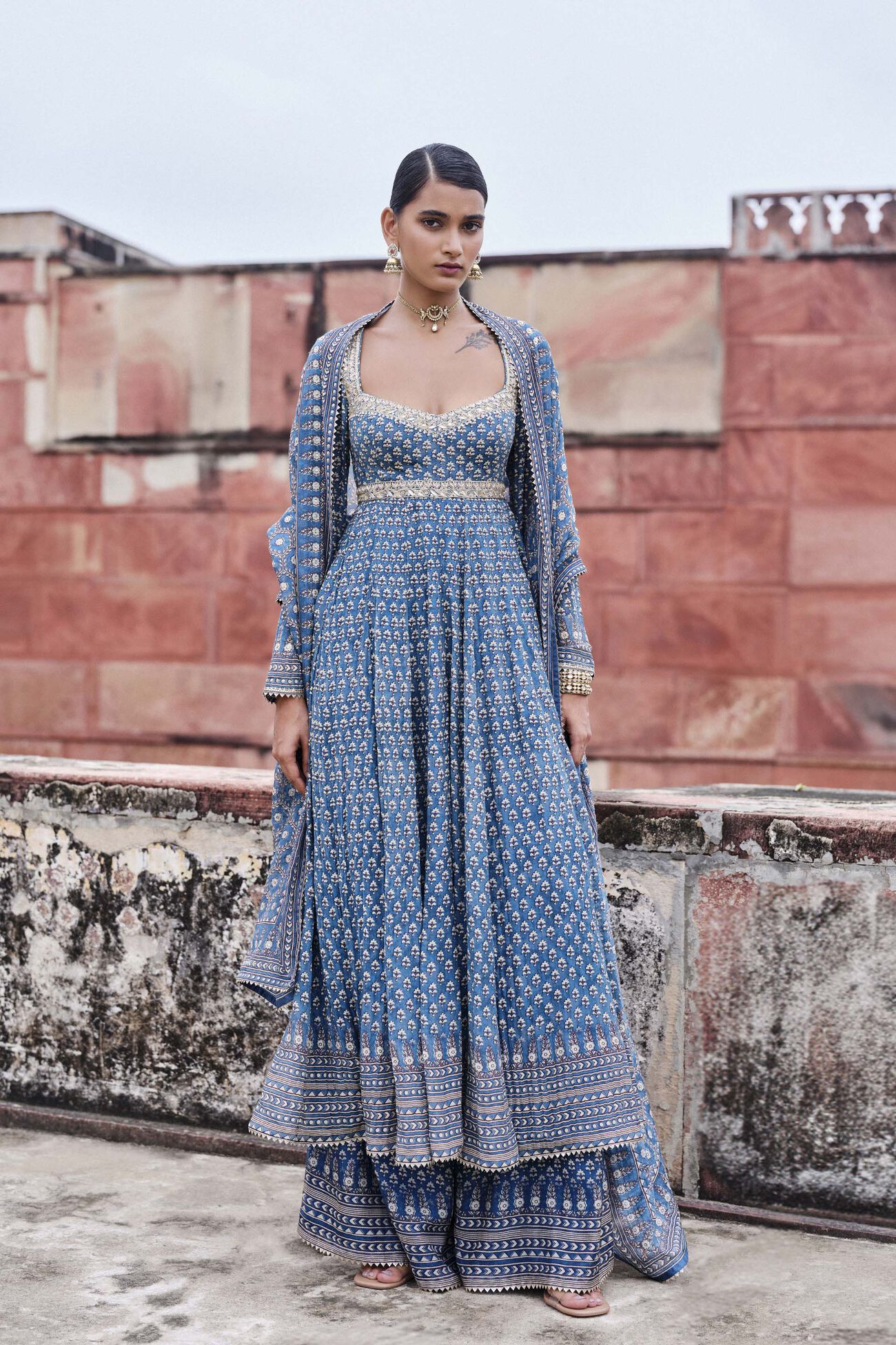 Abjini Printed Mul Anarkali Set - Blue