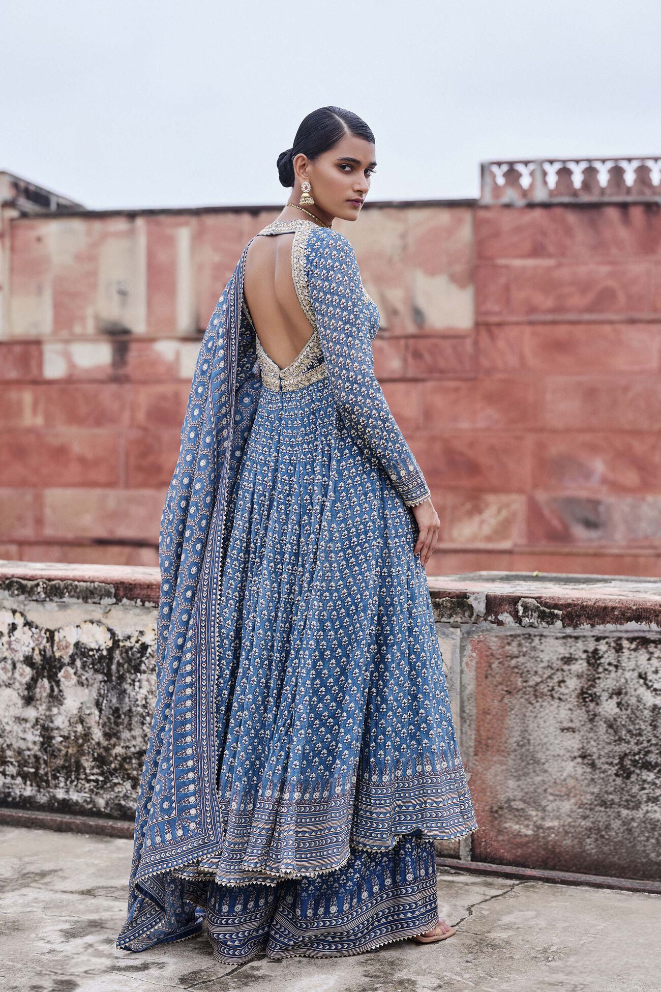 Abjini Printed Mul Anarkali Set - Blue