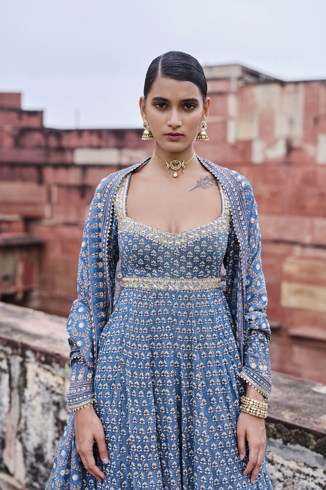 Abjini Printed Mul Anarkali Set - Blue