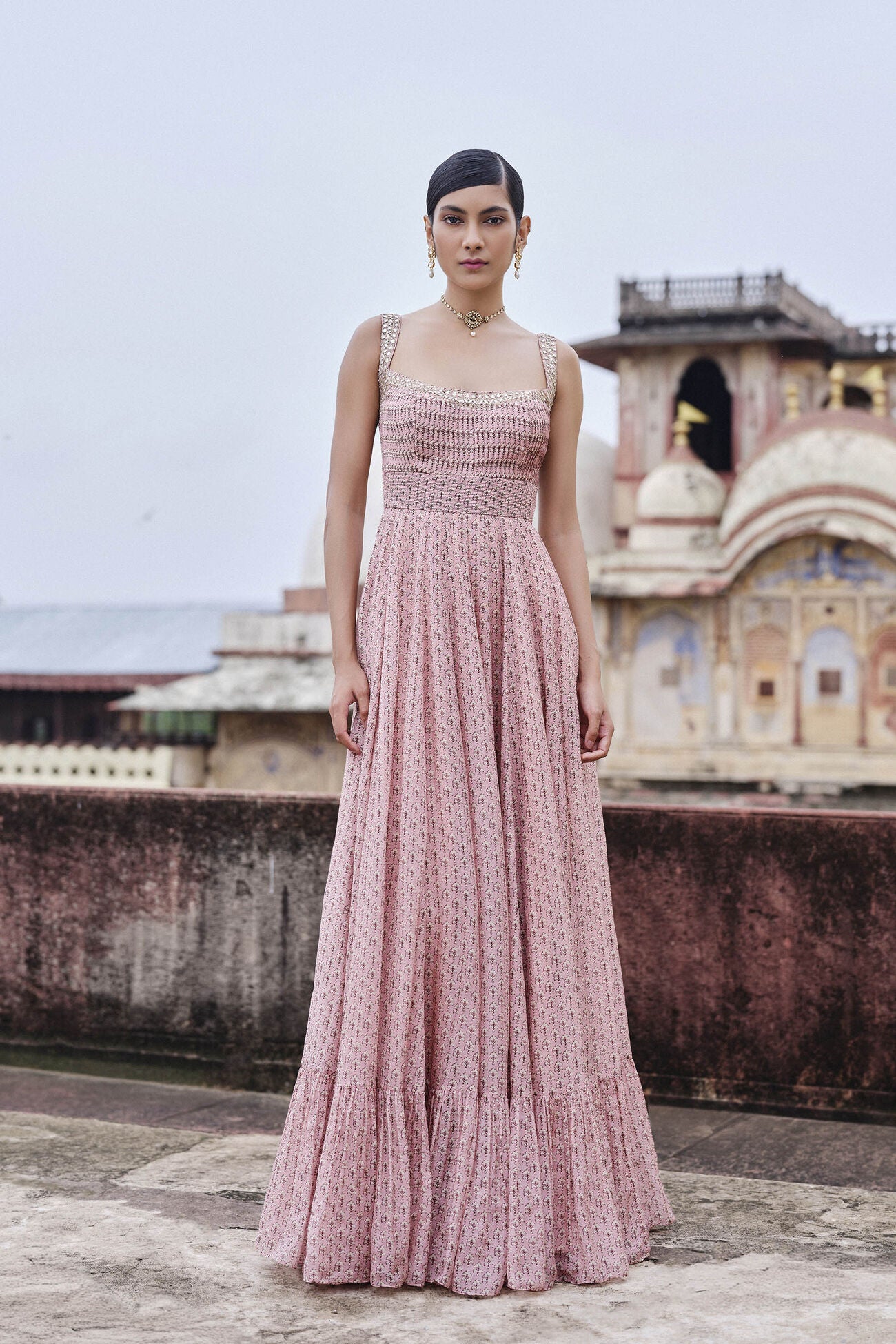 Alara Printed Mul Gown - Blush