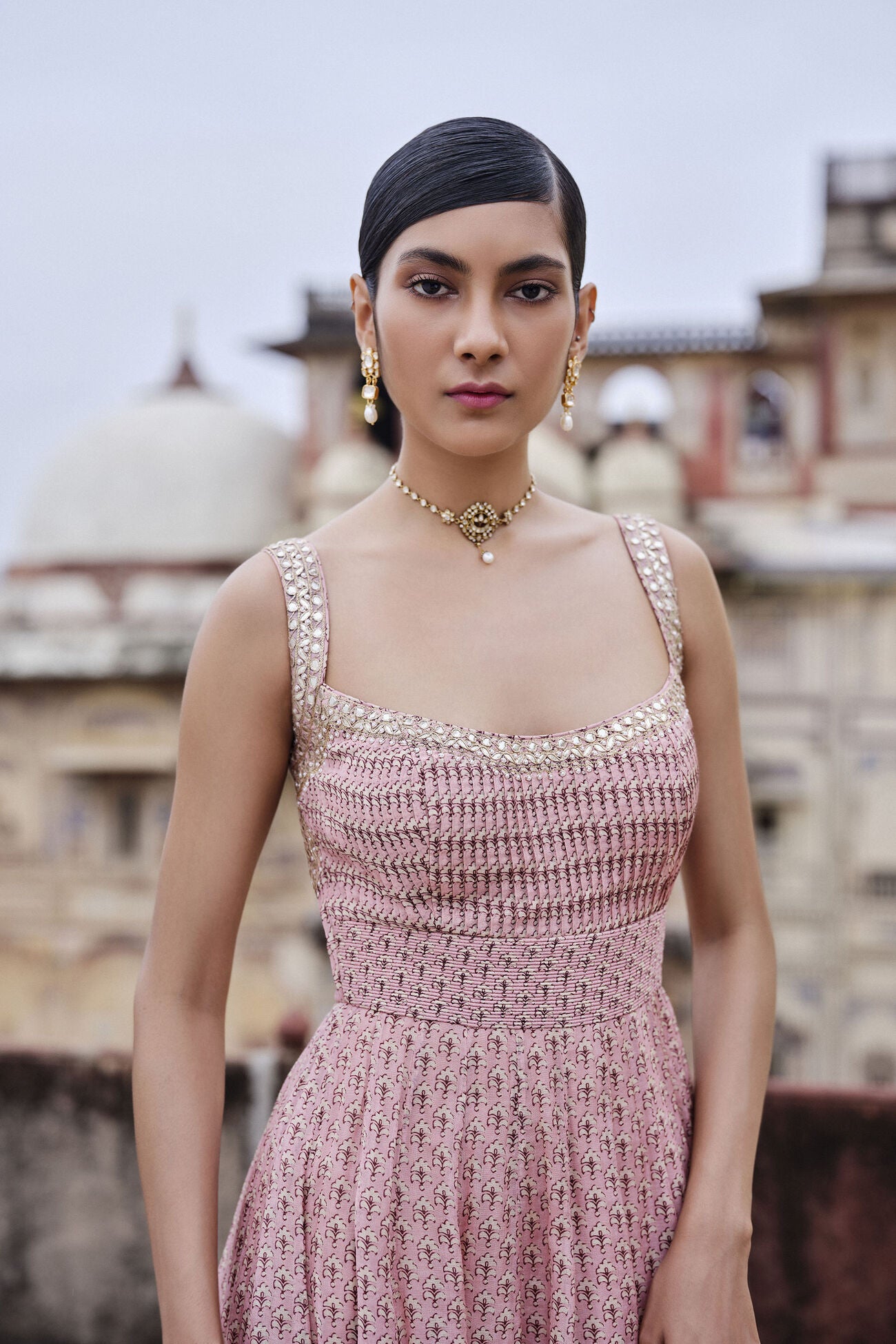 Alara Printed Mul Gown - Blush