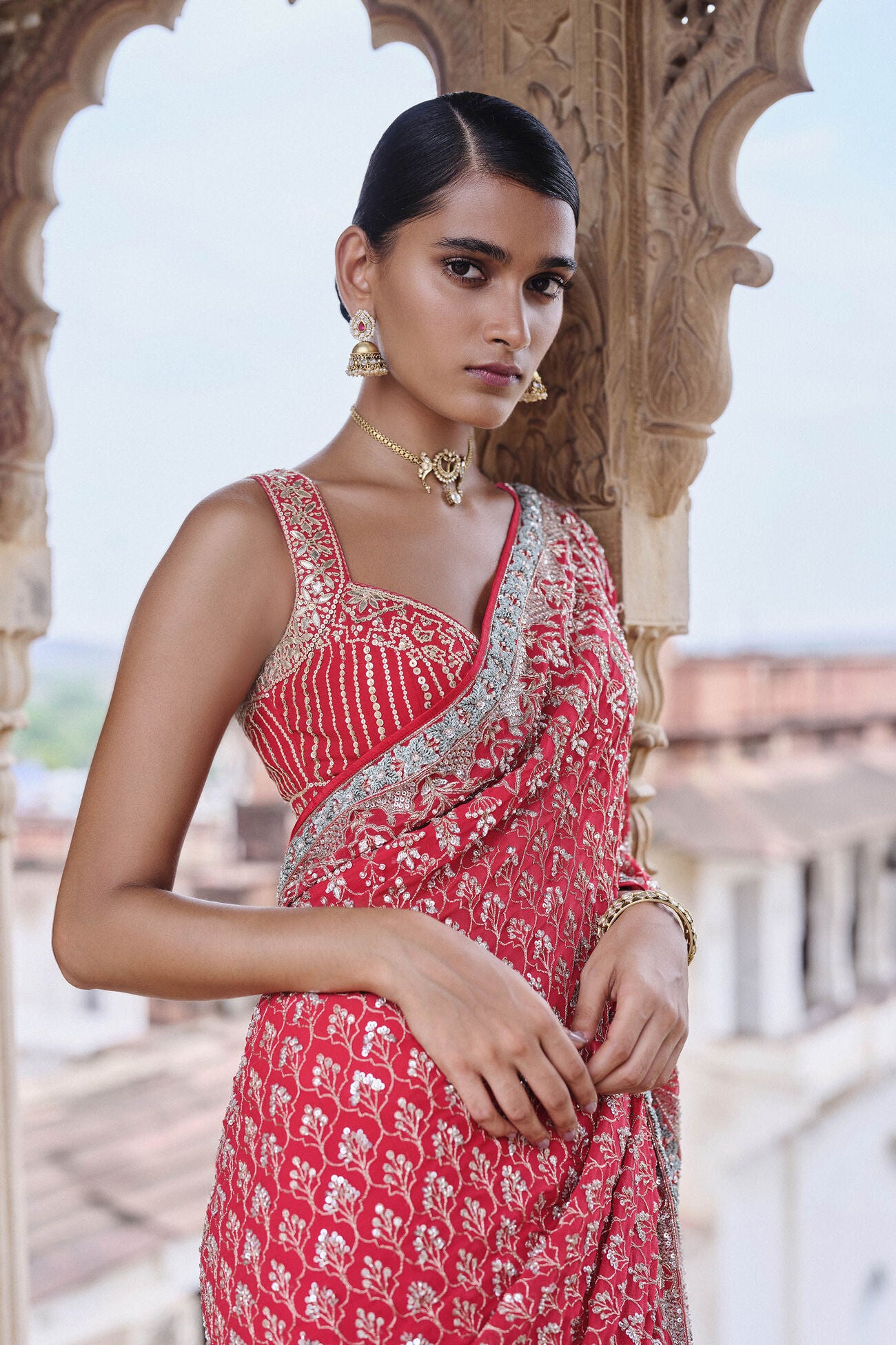 Mangalya Embroidered Georgette Saree - Red