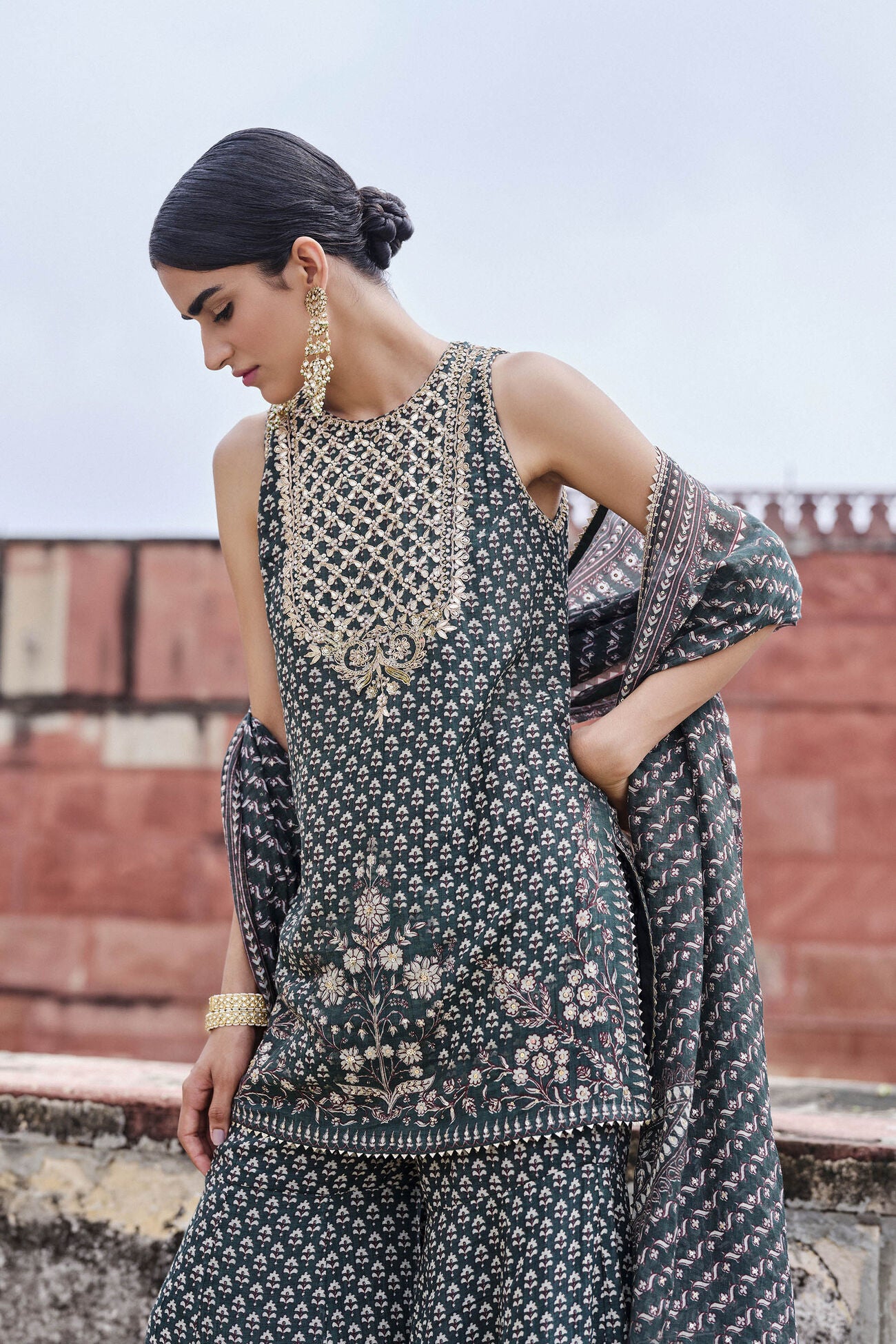 Abjini Gota Patti Mul Gharara Set - Green