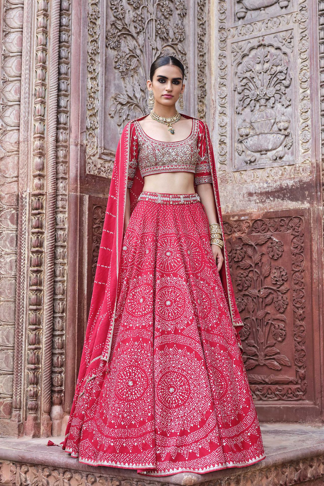 Raya Handcrafted Bandhani Silk Lehenga Set - Red