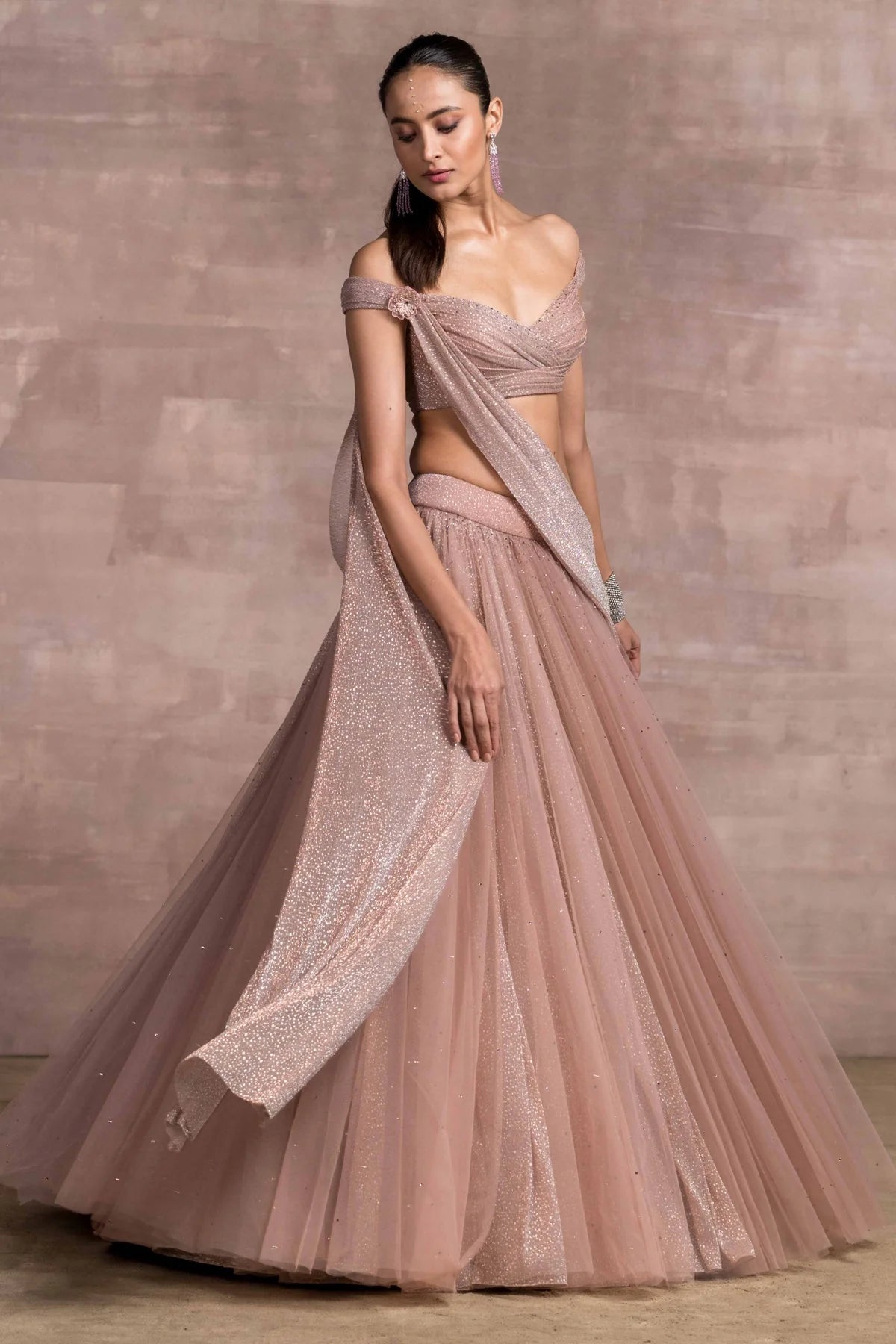 NOVELTY FOIL CRINKLE AND TULLE LEHENGA