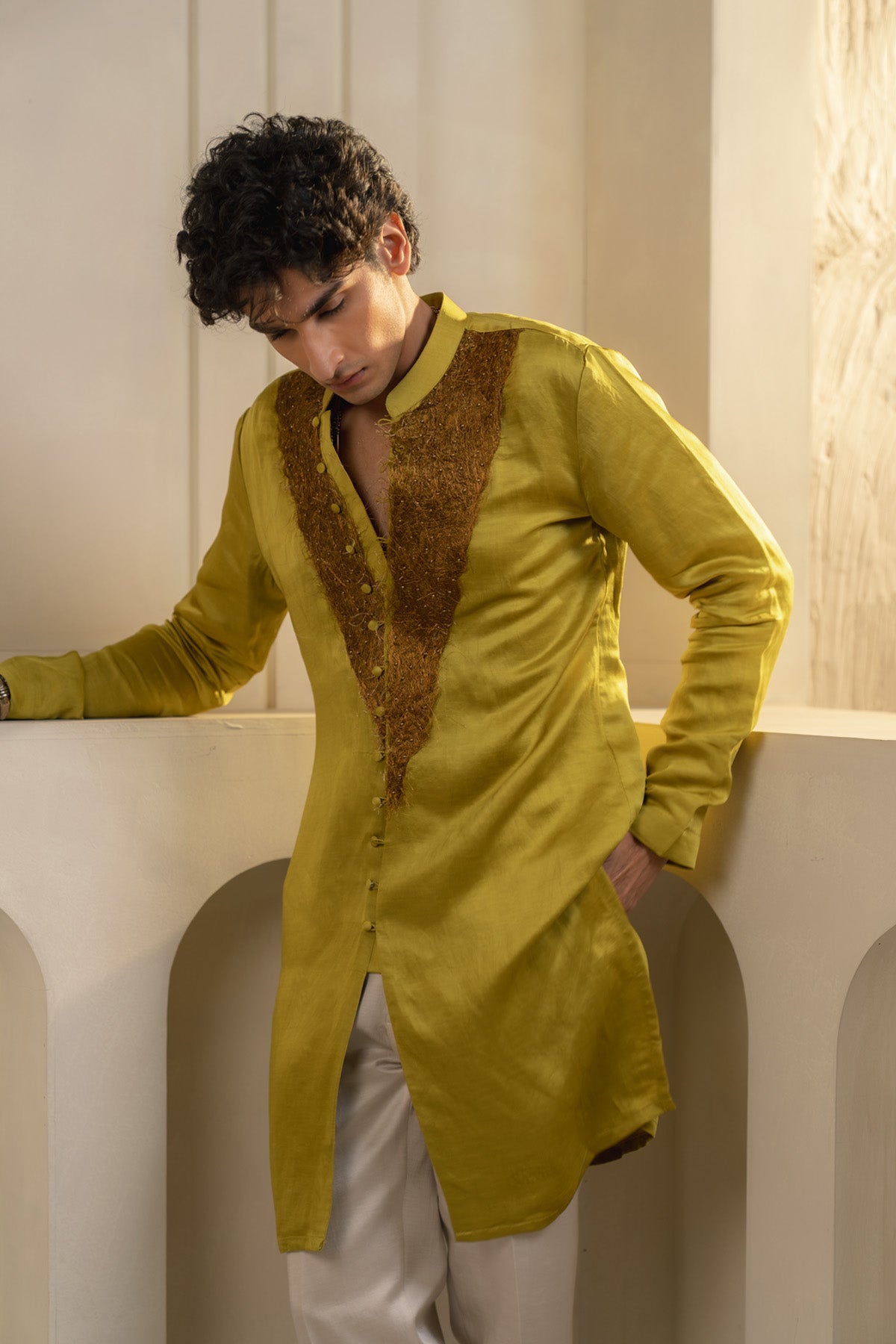 Gold Moss Linen Silk Kurta Set