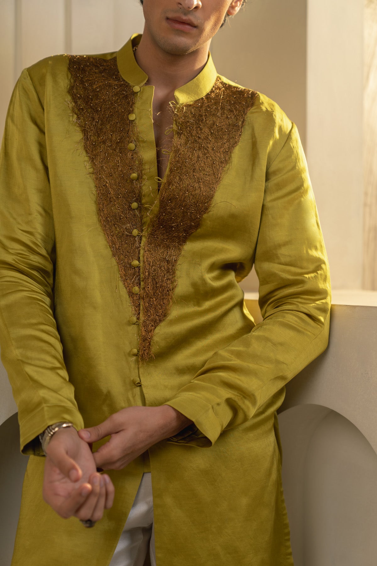 Gold Moss Linen Silk Kurta Set