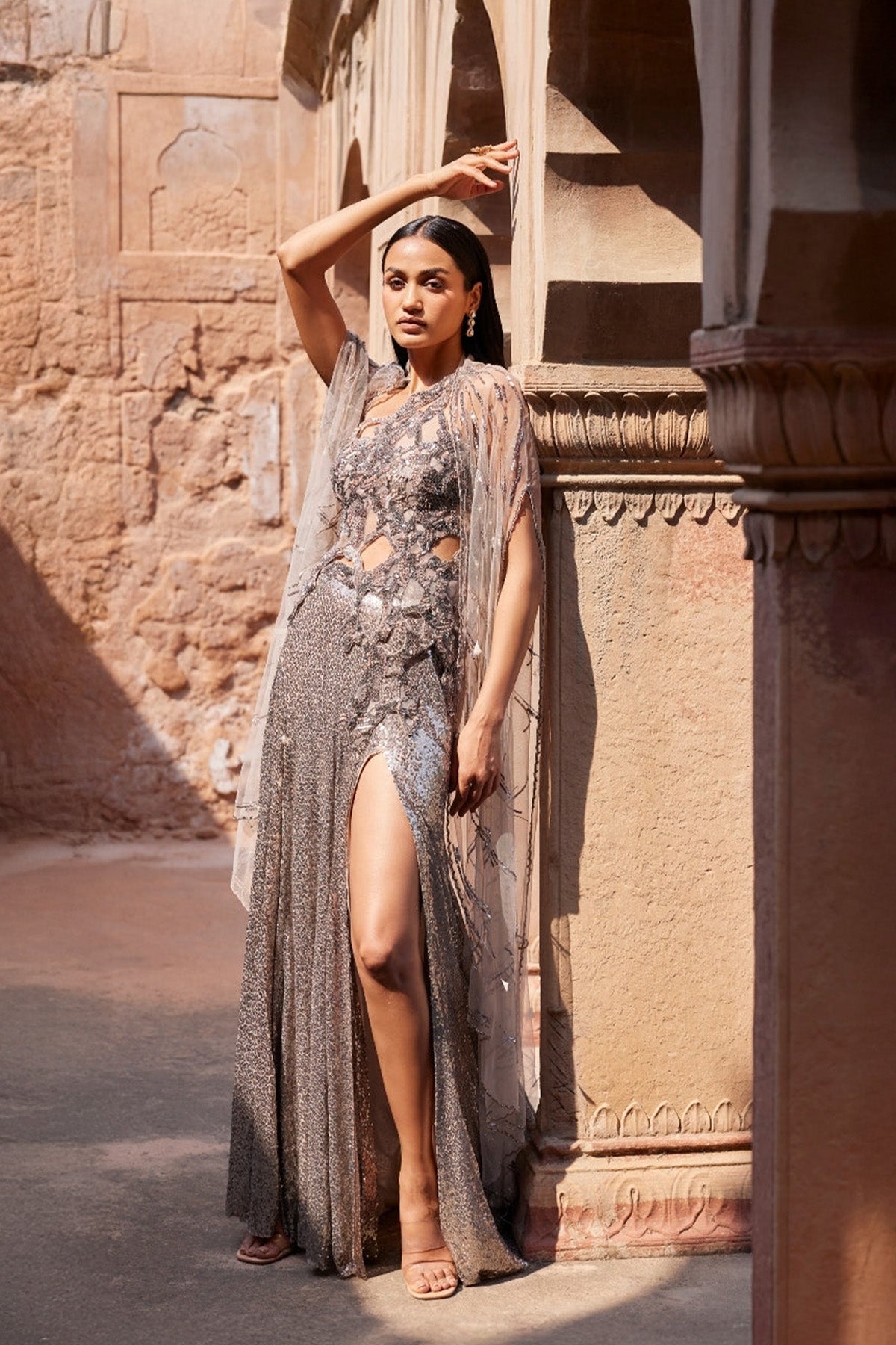 "Circe" Pale Gunmetal Shimmer Tulle Structured Gown