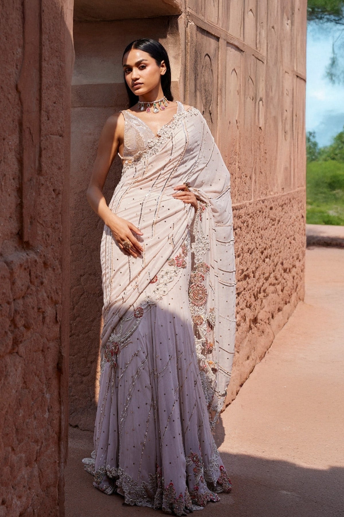 "Zephyr" Dusty Ivory Mukaish Kalidar Sari