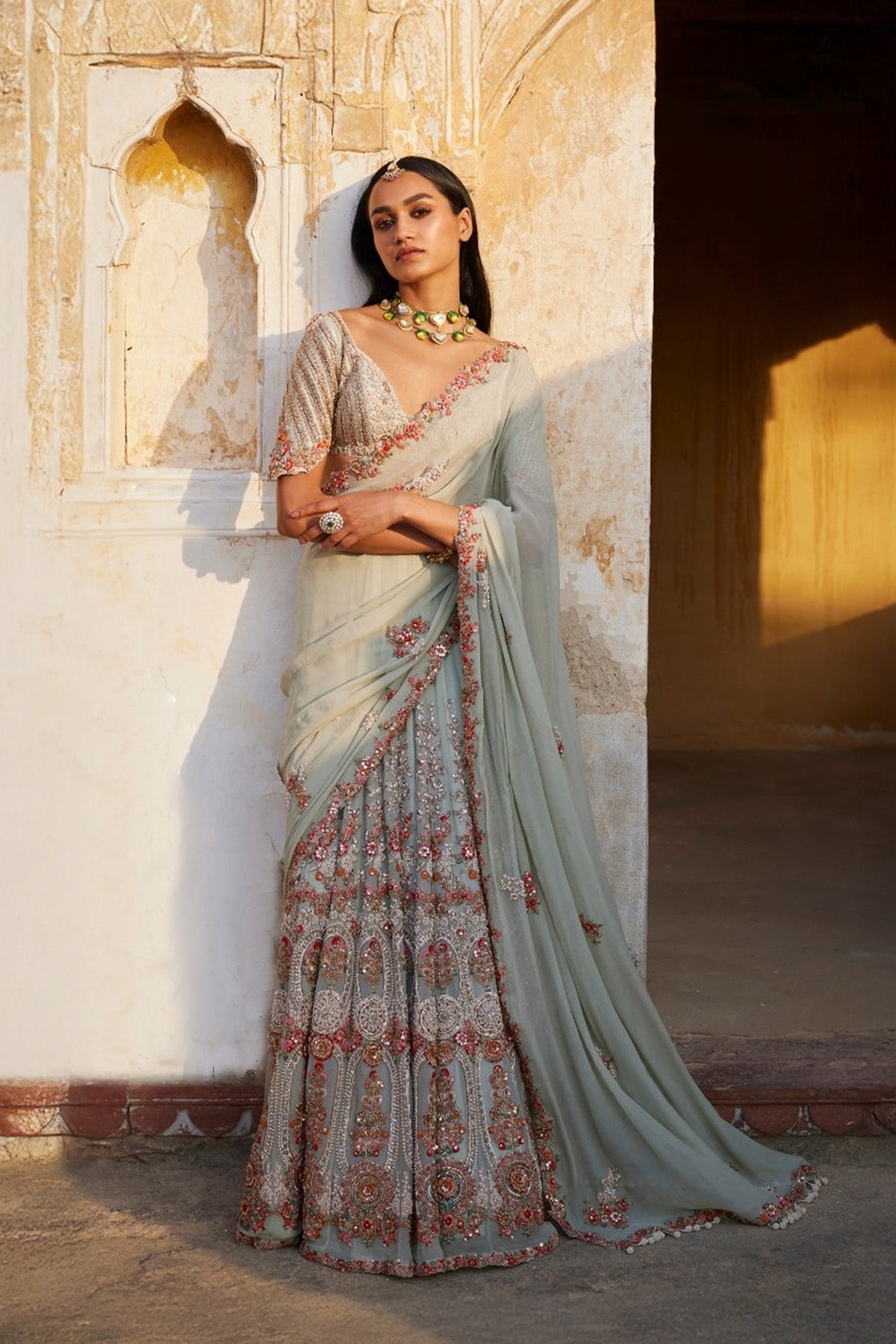 "Ida" Dusty Mint Kalidar Bridal Sari