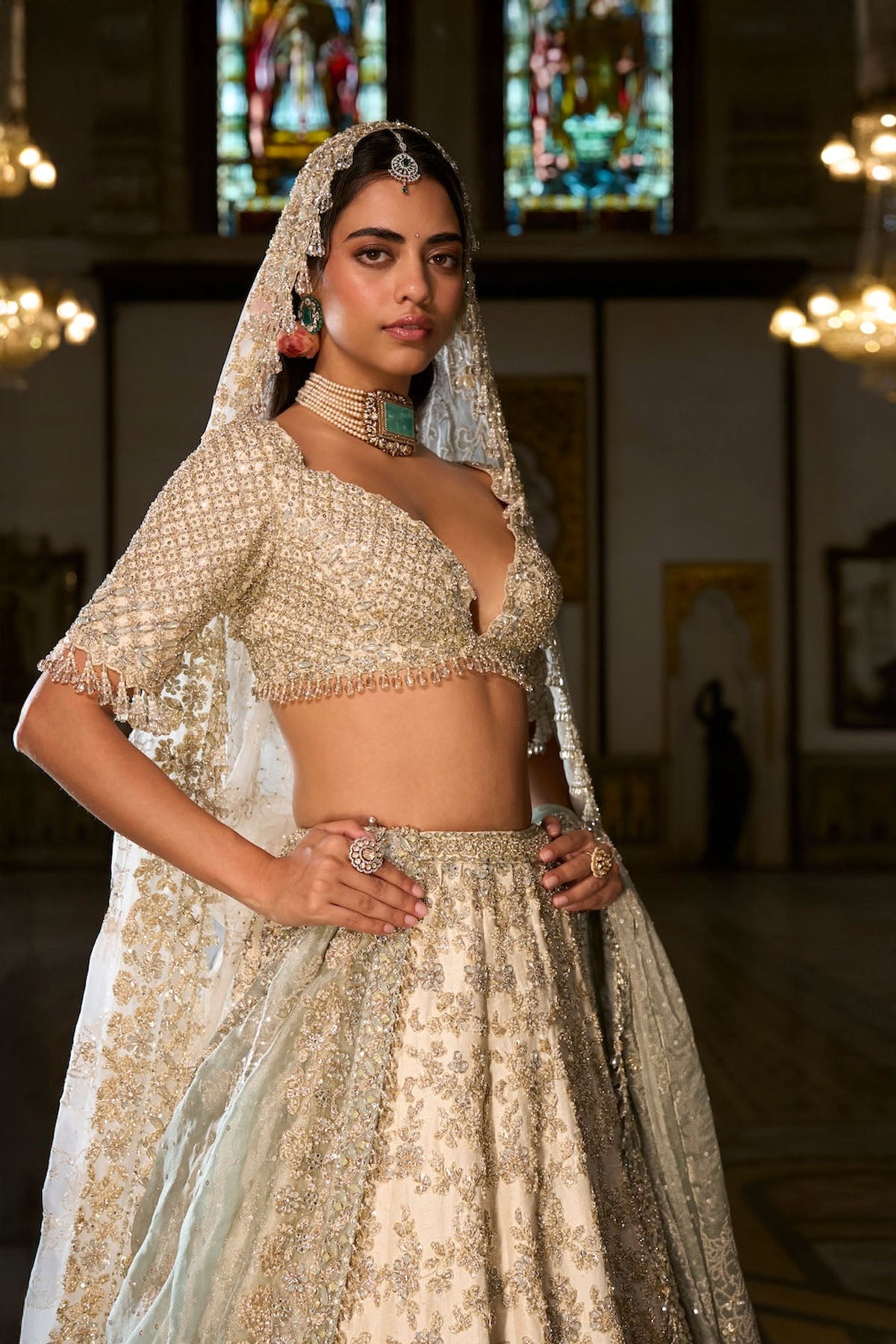 Ivory Sage Zardosi Lehenga Set