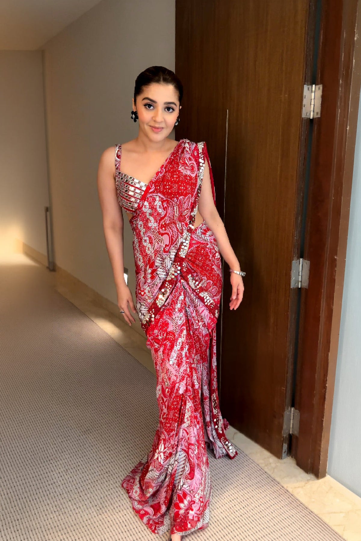 Isha Multani in Red Mirror Work Blouse With Printed Dhoti Saree Set