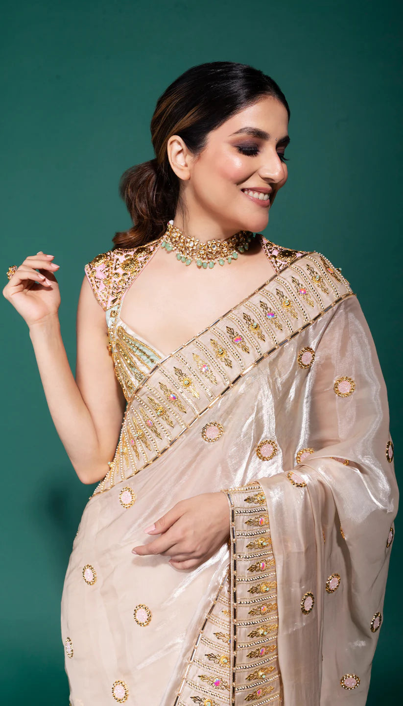 CRYSTAL CASCADE- IVORY ORGANZA SAREE