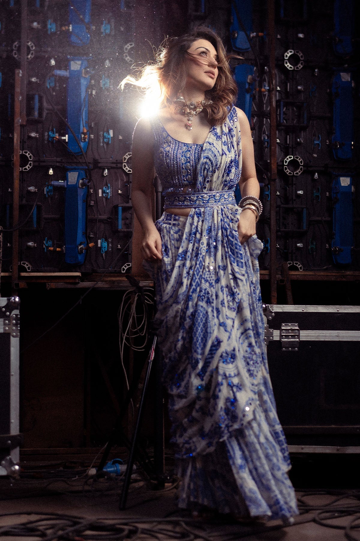 Hansika Motwani in Blue Thikri Print & Highlighted Saree Set