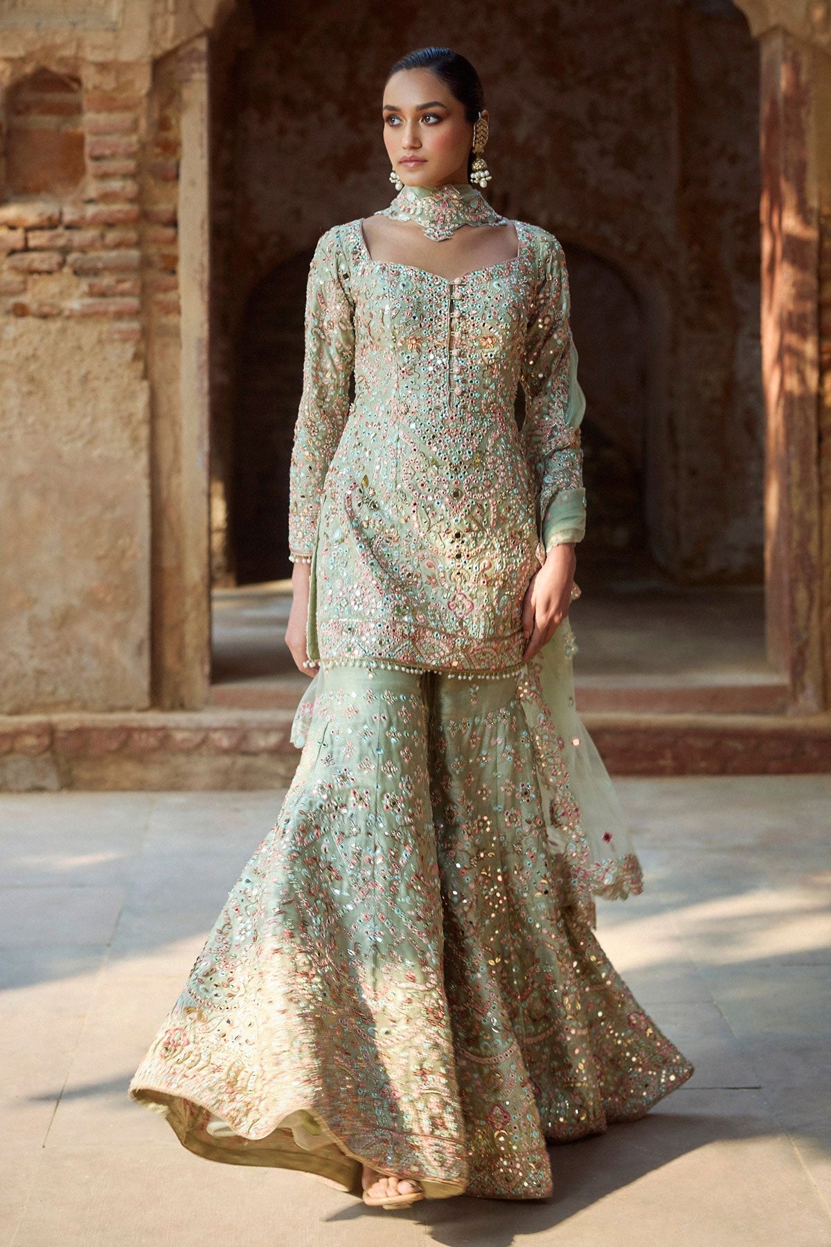 Mint Green Raw Silk Gharara Set