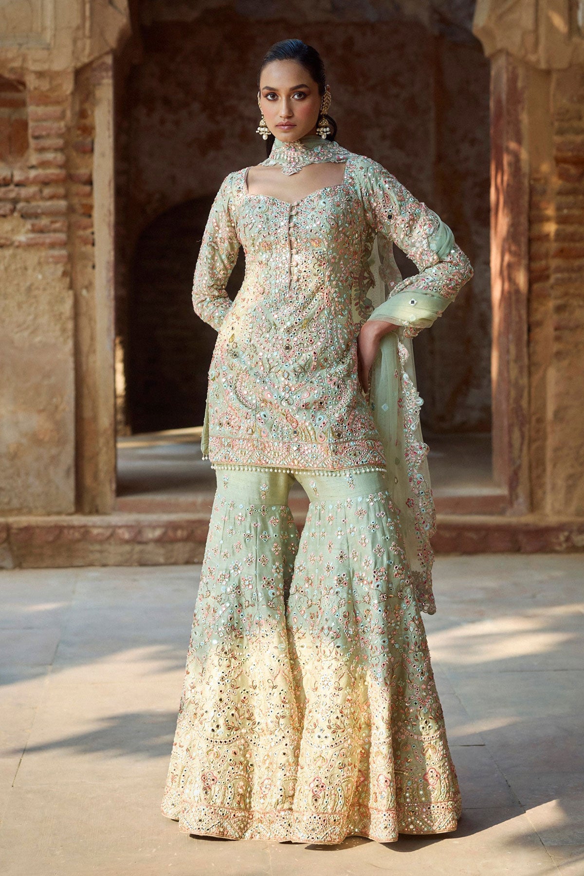 Mint Green Raw Silk Gharara Set