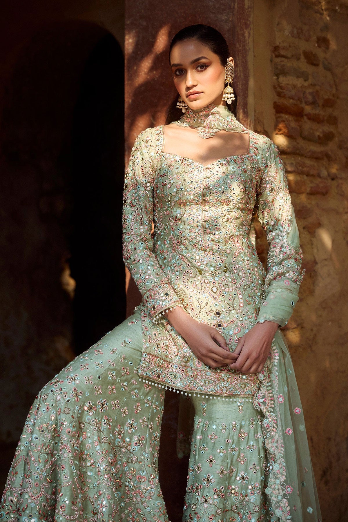 Mint Green Raw Silk Gharara Set