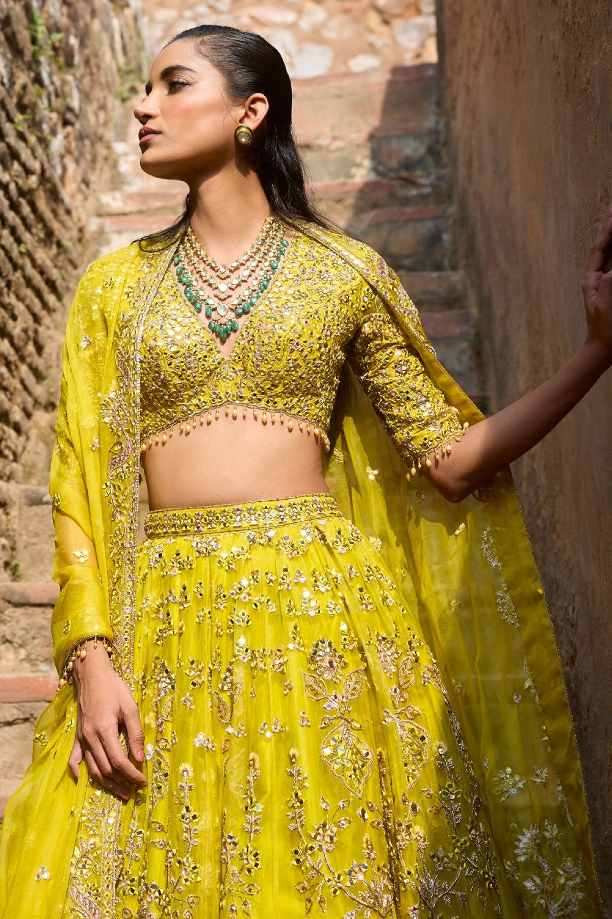 Lime Yellow Organza Lehenga Set