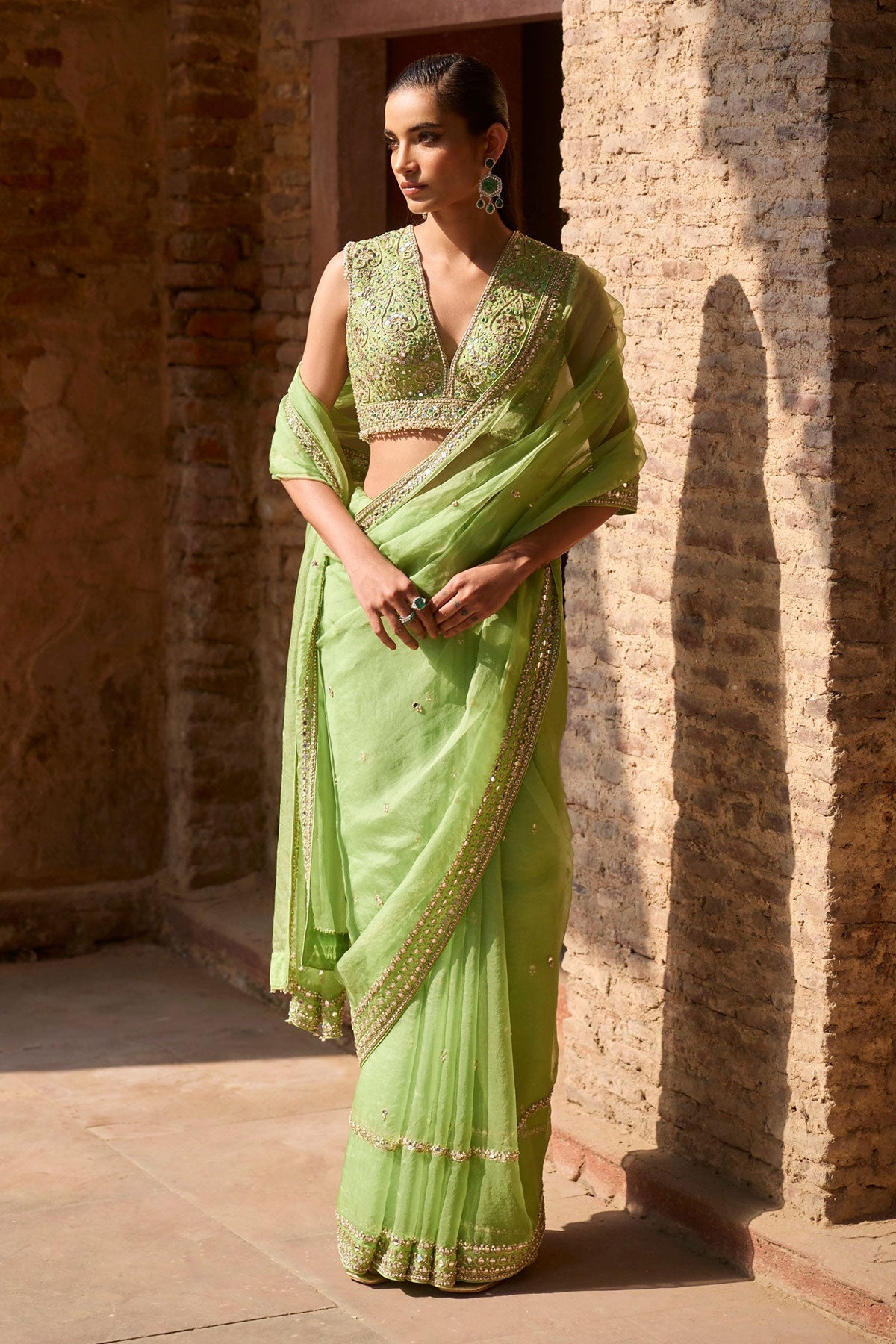 Apple Green Organza Saree Set
