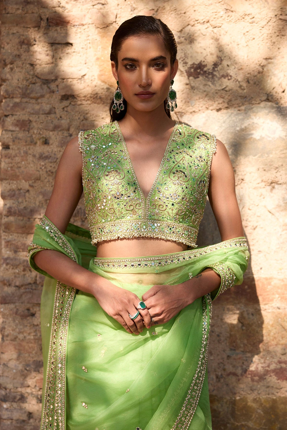 Apple Green Organza Saree Set