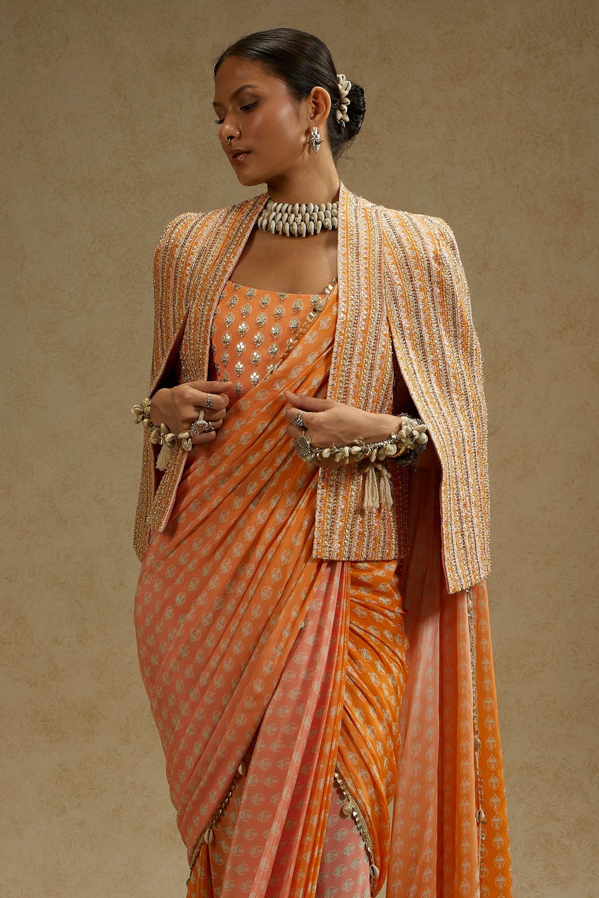 ORANGE PINK OMBRE PRINT CASCADE SAREE WITH BUSTIER & EMBELLISHED NOOR JACKET