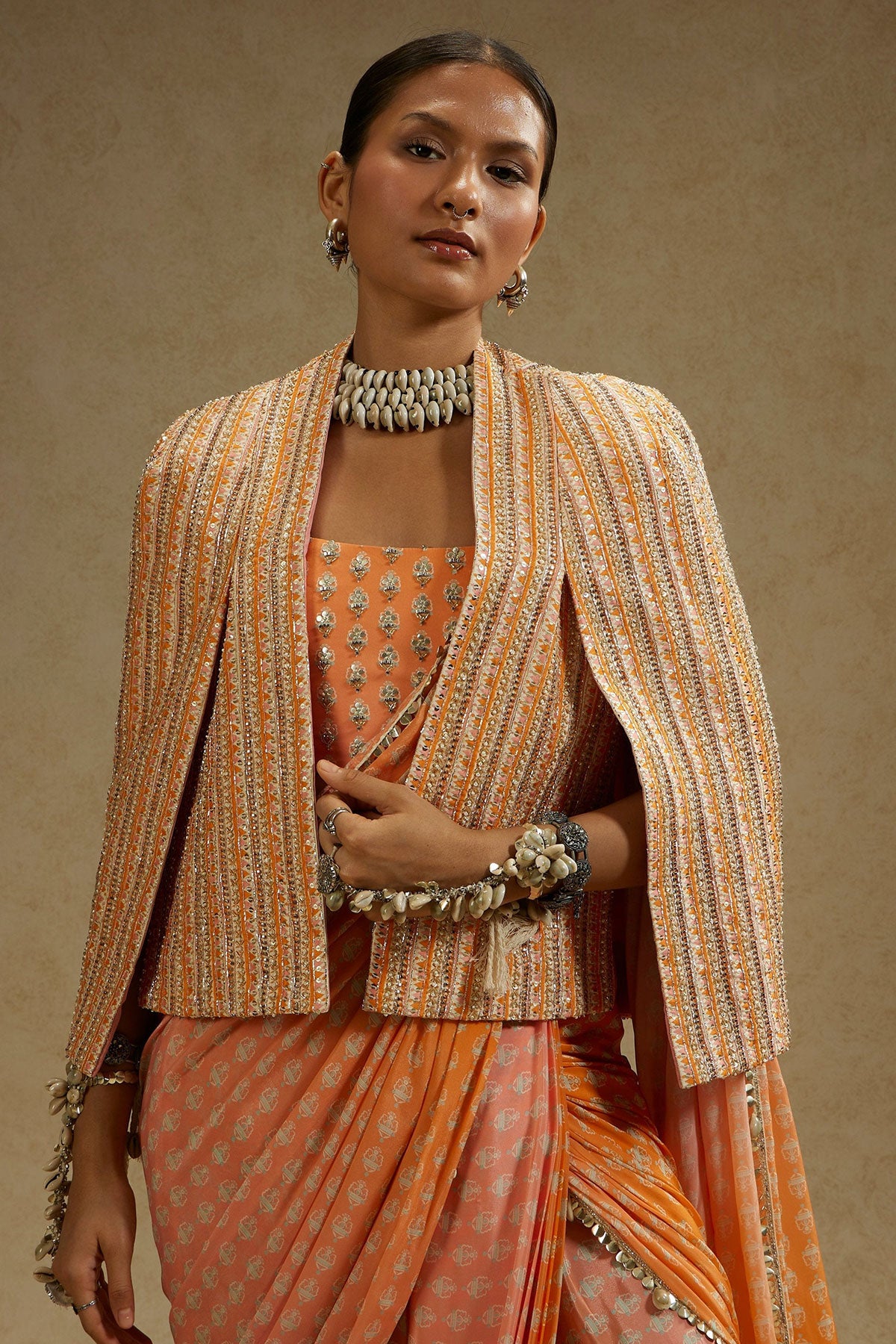 ORANGE PINK OMBRE PRINT CASCADE SAREE WITH BUSTIER & EMBELLISHED NOOR JACKET