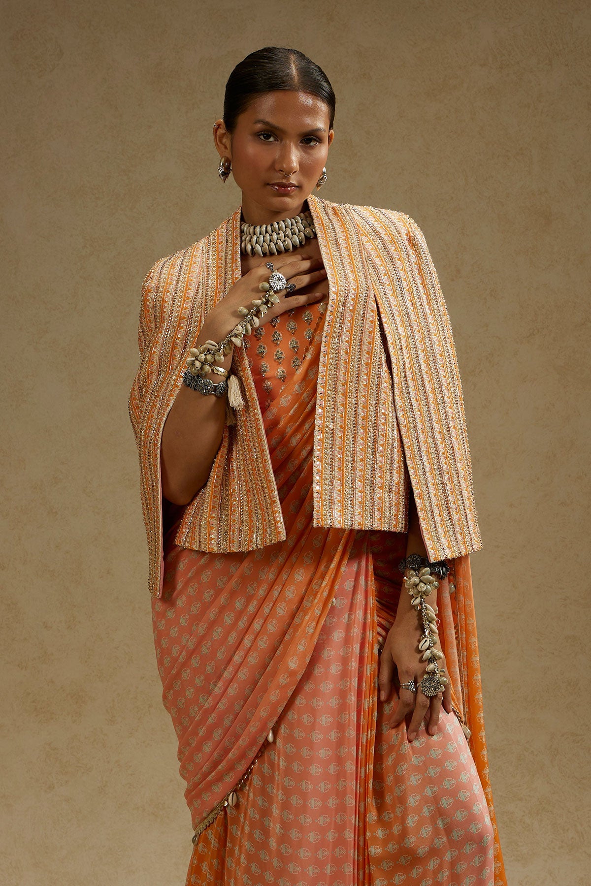 ORANGE PINK OMBRE PRINT CASCADE SAREE WITH BUSTIER & EMBELLISHED NOOR JACKET