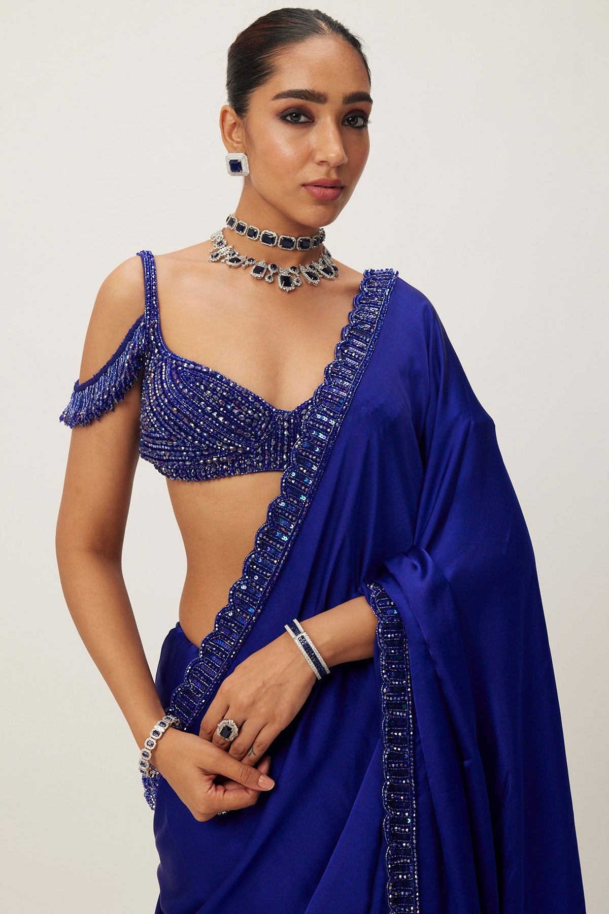Cocktail Blue Satin Sari Set