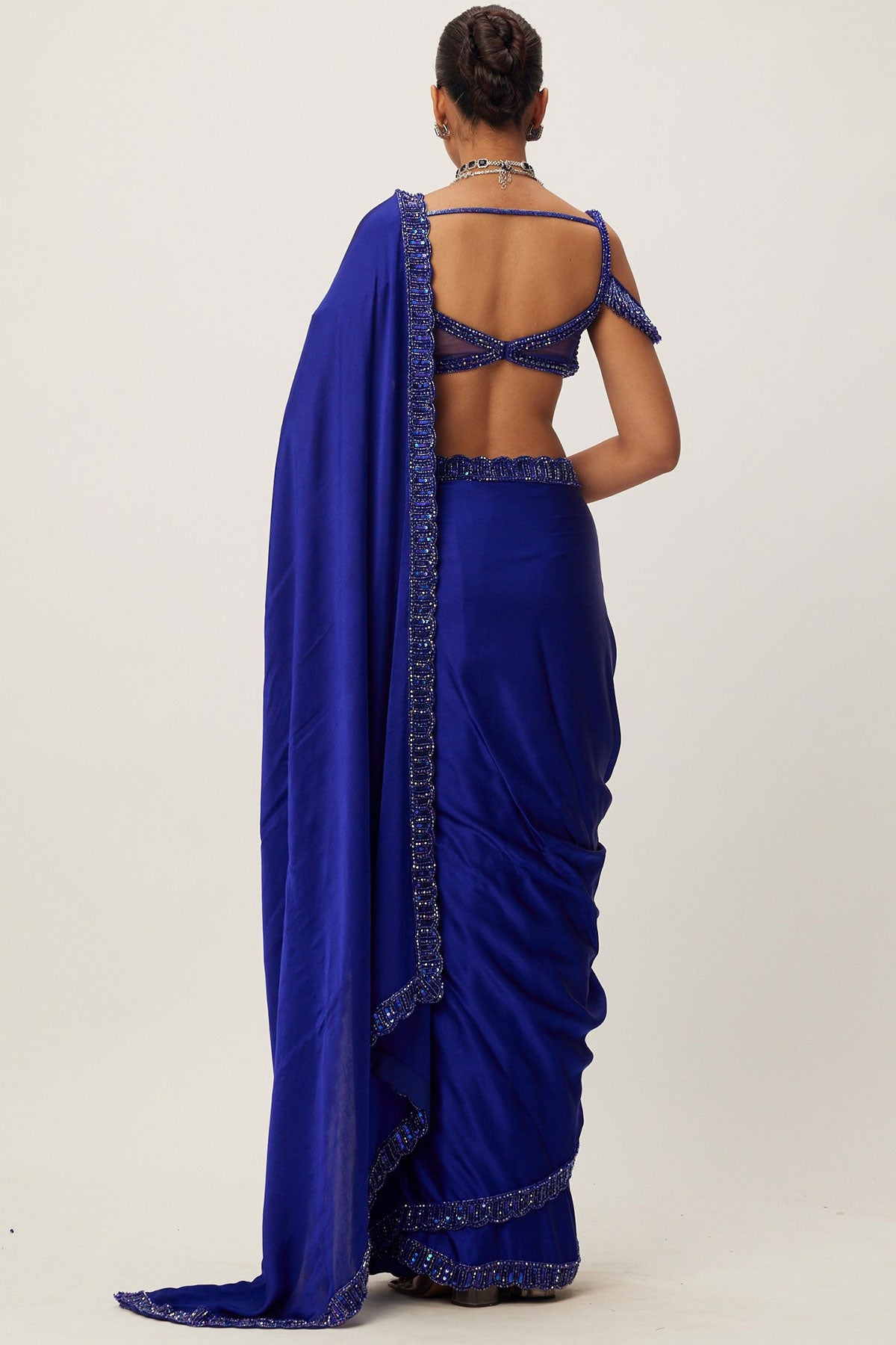 Cocktail Blue Satin Sari Set