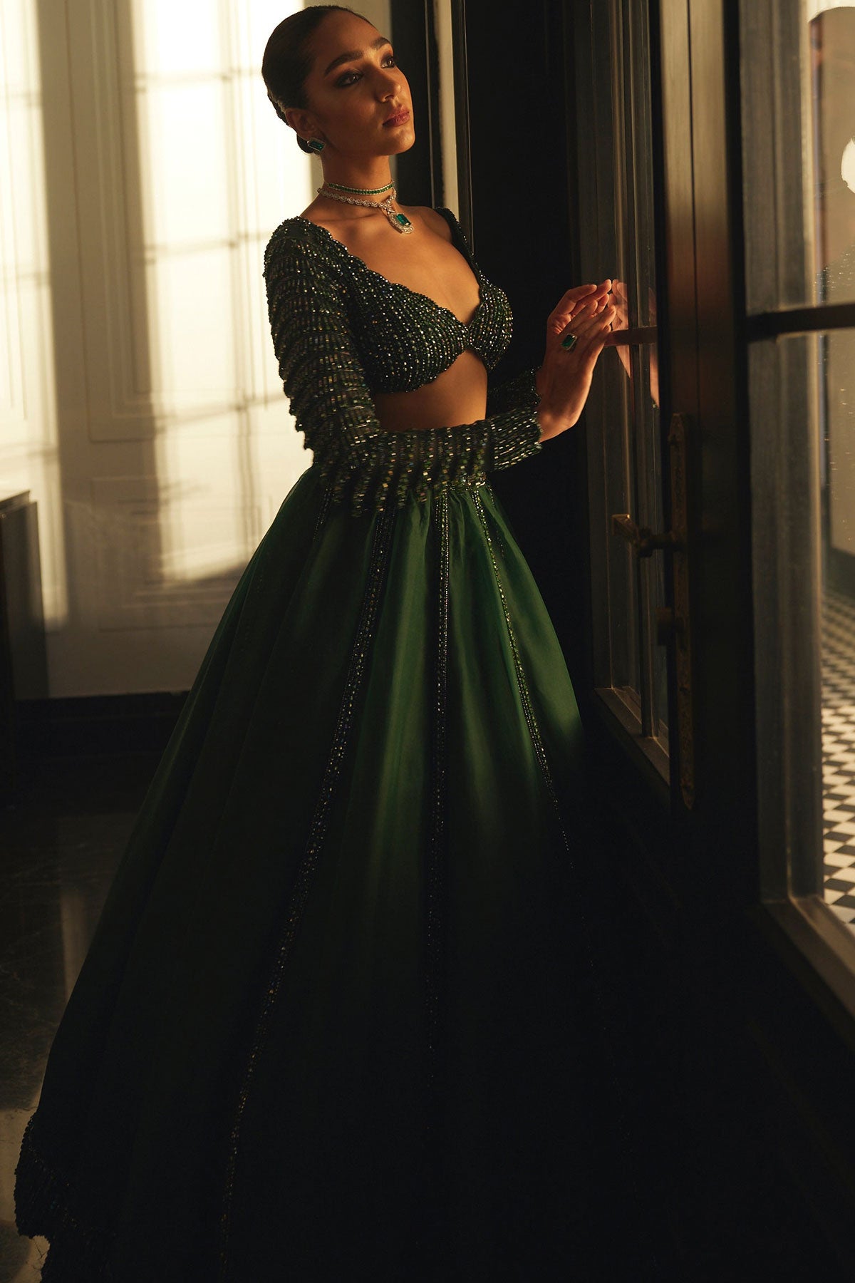 Dark Jade Green Organza Lehenga Set