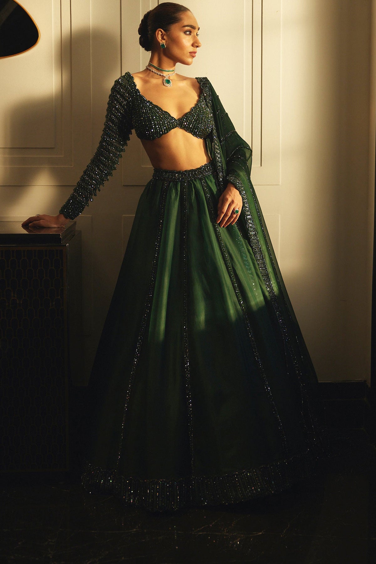 Dark Jade Green Organza Lehenga Set