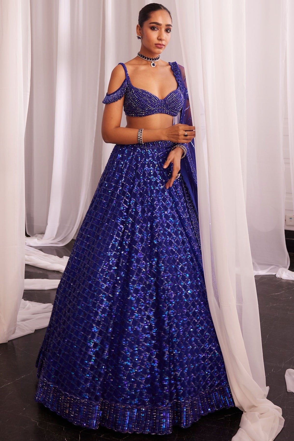 Cocktail Blue Sequins Embroidered Lehenga Set