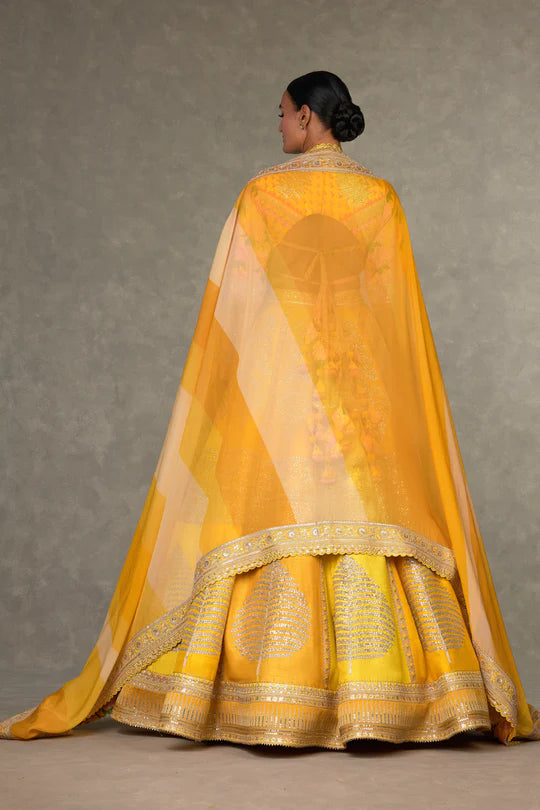 Yellow Sorbet Paan-Patti Lehenga With One Dupatta